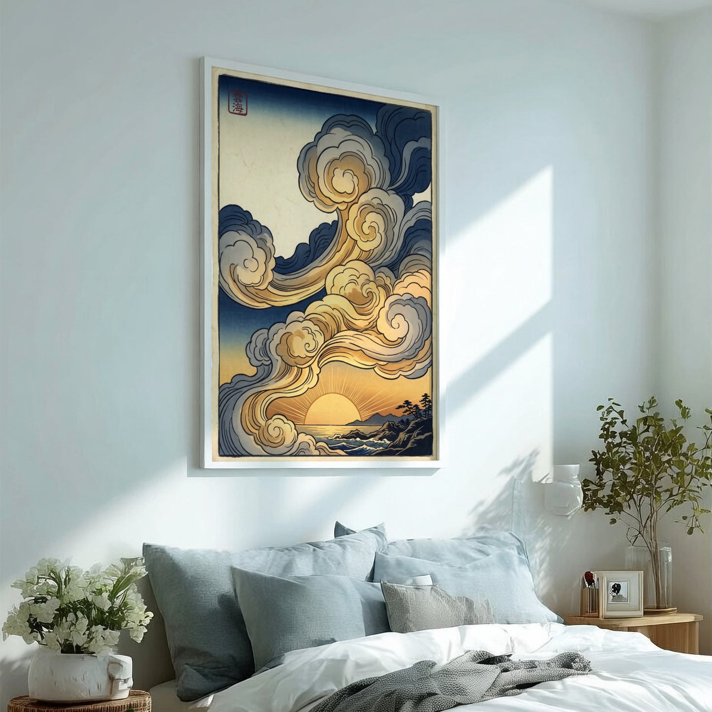 Golden Sunset Clouds poster featuring warm colors and swirling clouds in Japanese art style