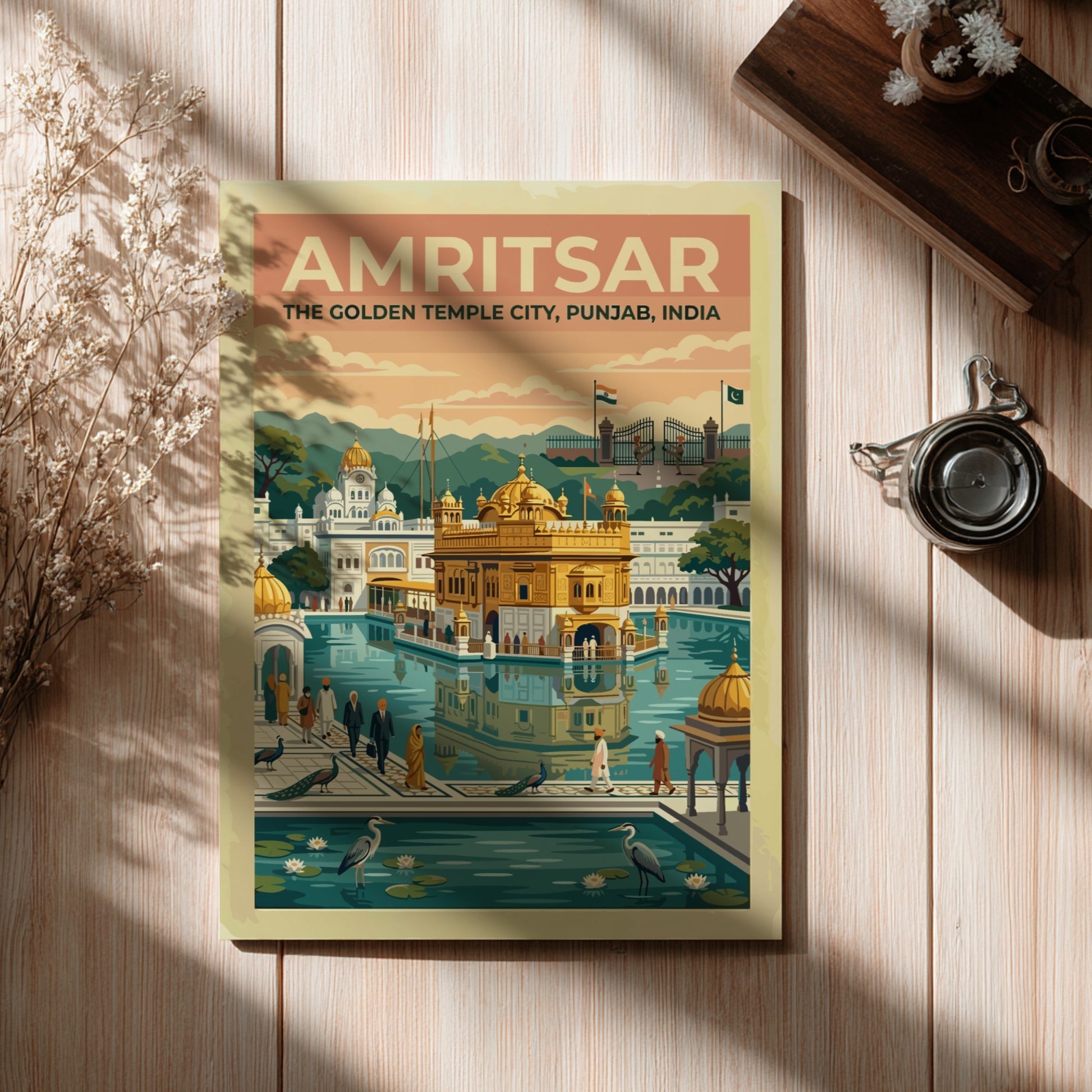 Travel poster of Amritsar The Golden Temple City in India with warm vintage colours.