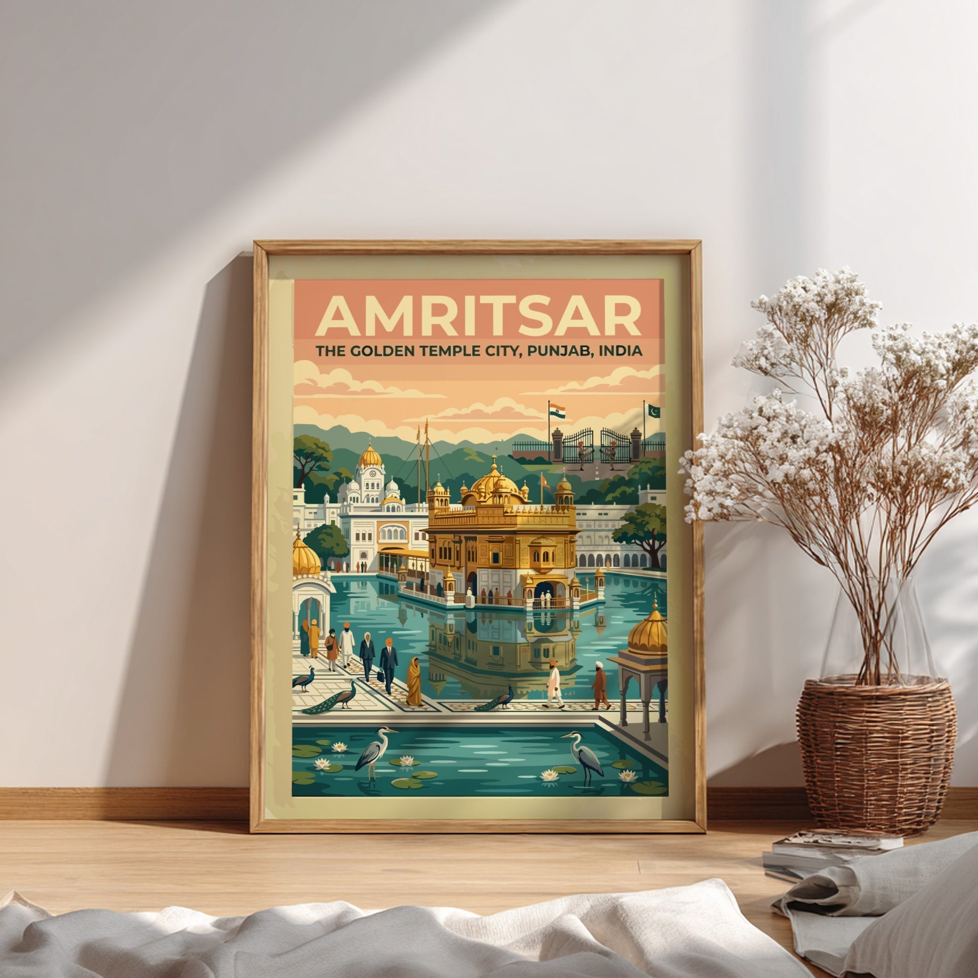 Travel poster of Amritsar The Golden Temple City in India with warm vintage colours.