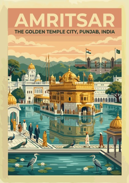 Travel poster of Amritsar The Golden Temple City in India with warm vintage colours.