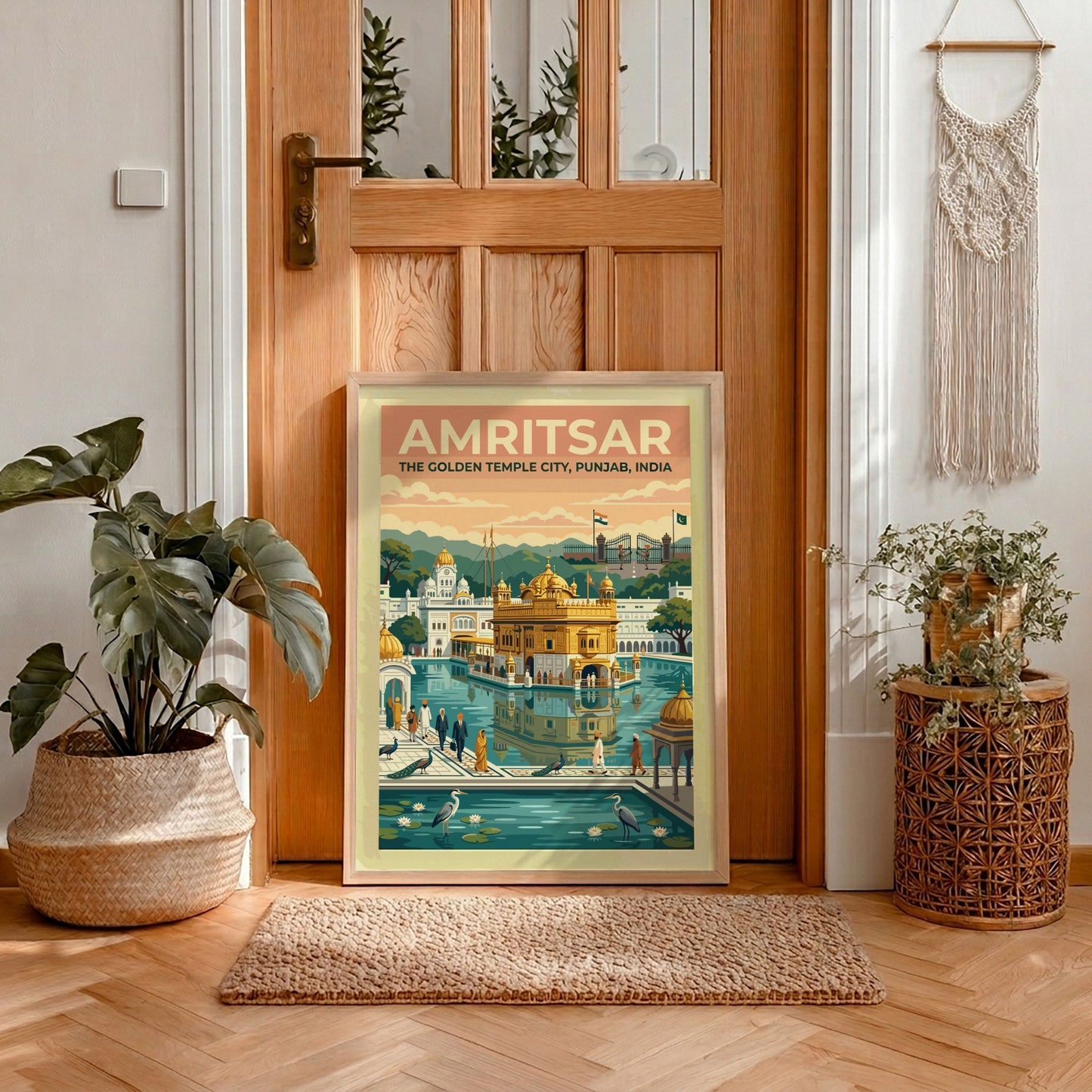 Travel poster of Amritsar The Golden Temple City in India with warm vintage colours.