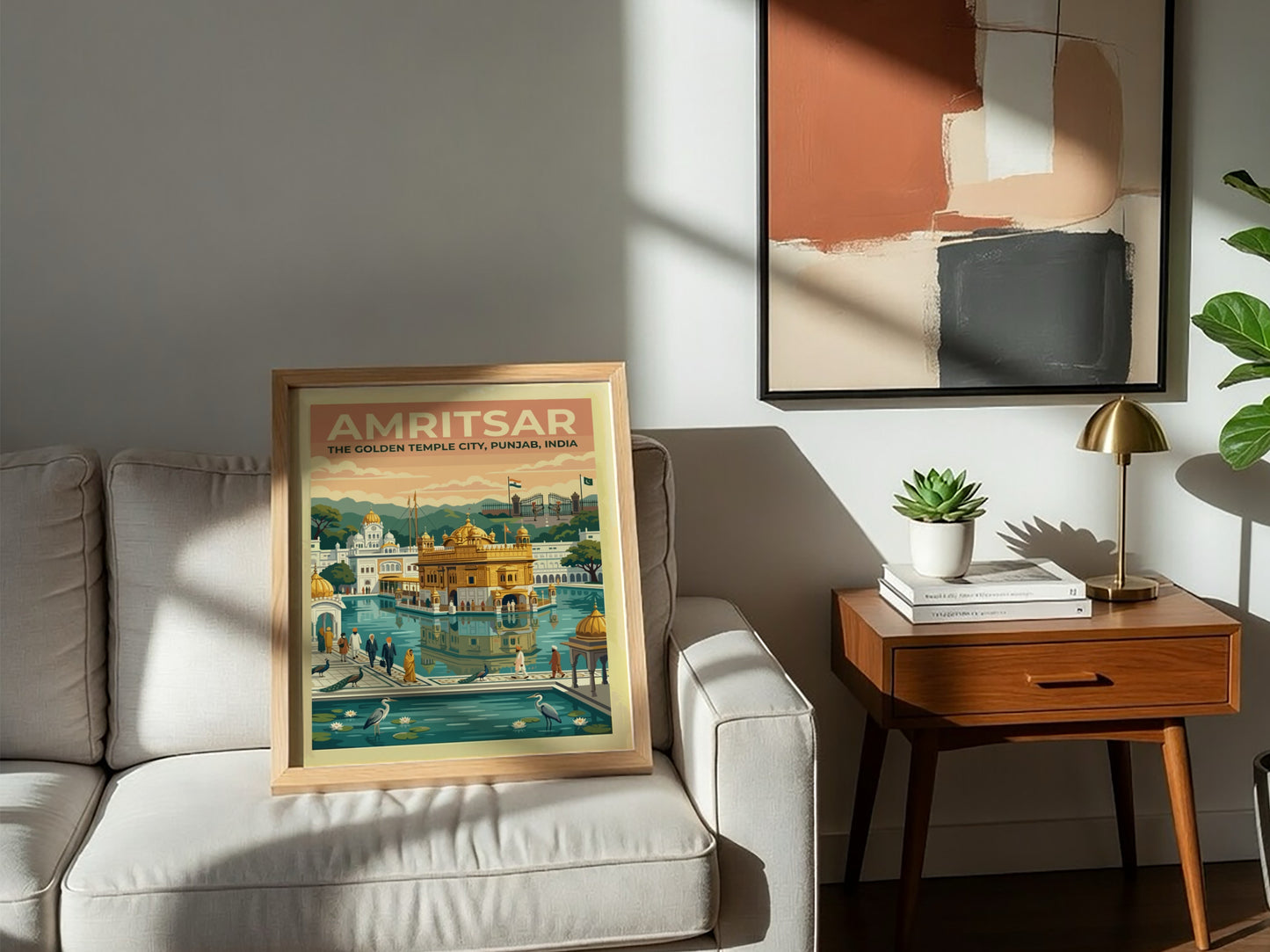 Travel poster of Amritsar The Golden Temple City in India with warm vintage colours.