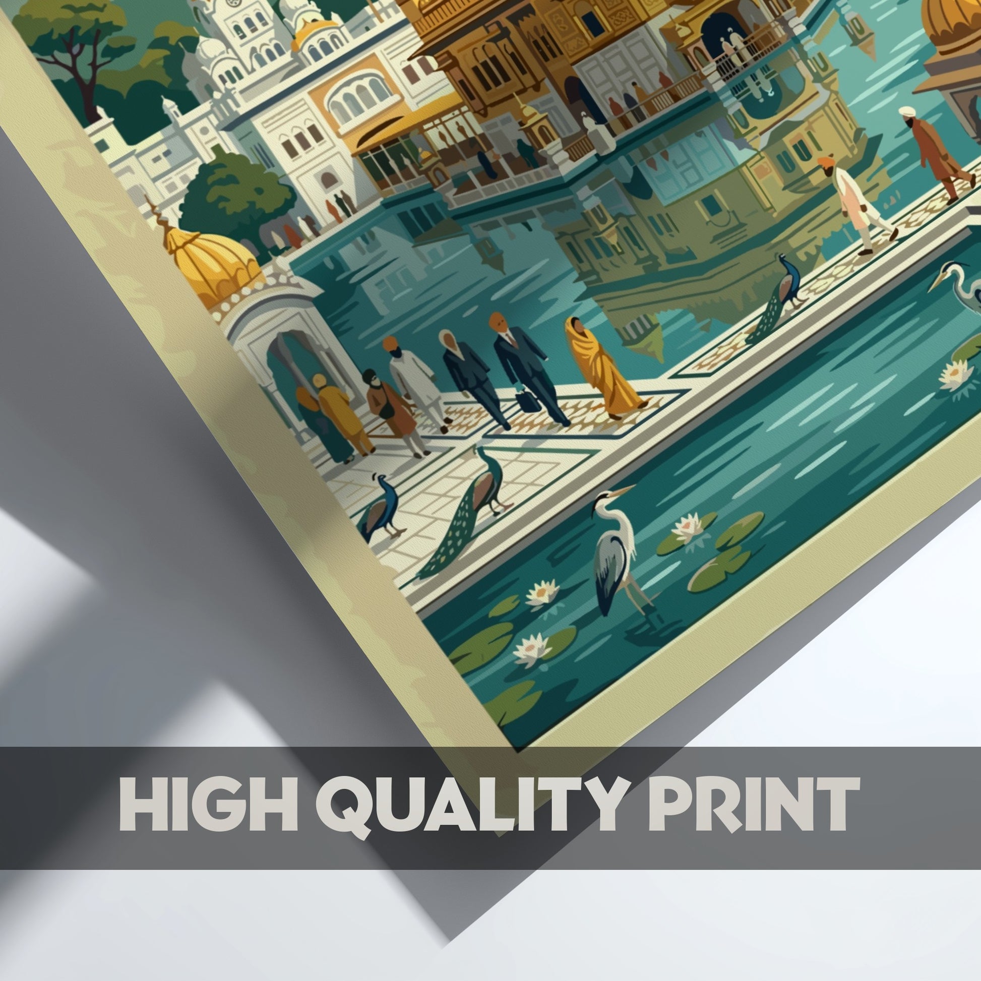 Travel poster of Amritsar The Golden Temple City in India with warm vintage colours.