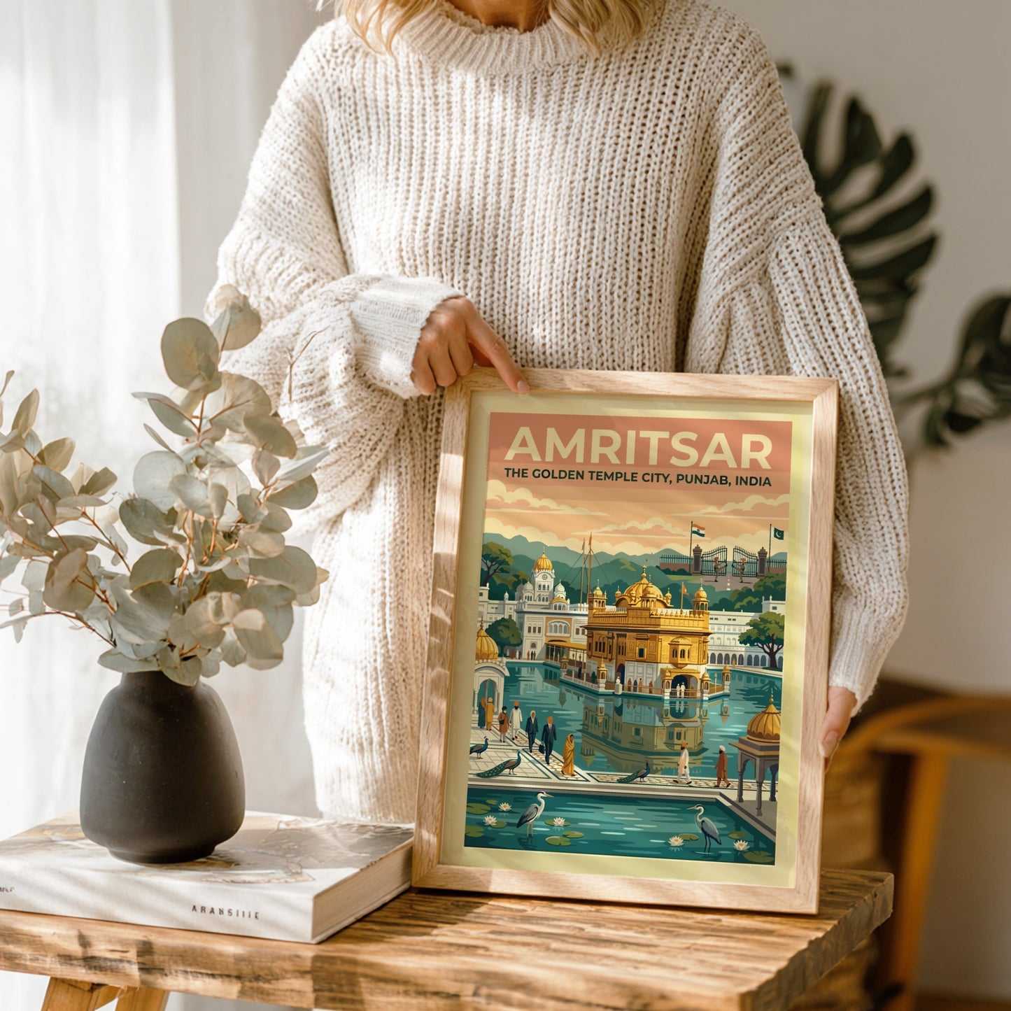 Travel poster of Amritsar The Golden Temple City in India with warm vintage colours.