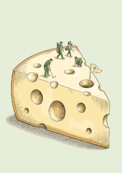 Poster featuring tiny golfers playing on a large, porous wedge of Swiss cheese.