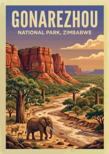 Gonarezhou National Park poster featuring an elephant, river, and vibrant landscape in warm tones
