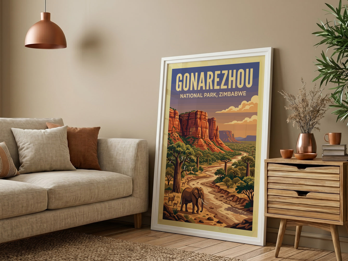 Gonarezhou National Park poster featuring an elephant, river, and vibrant landscape in warm tones