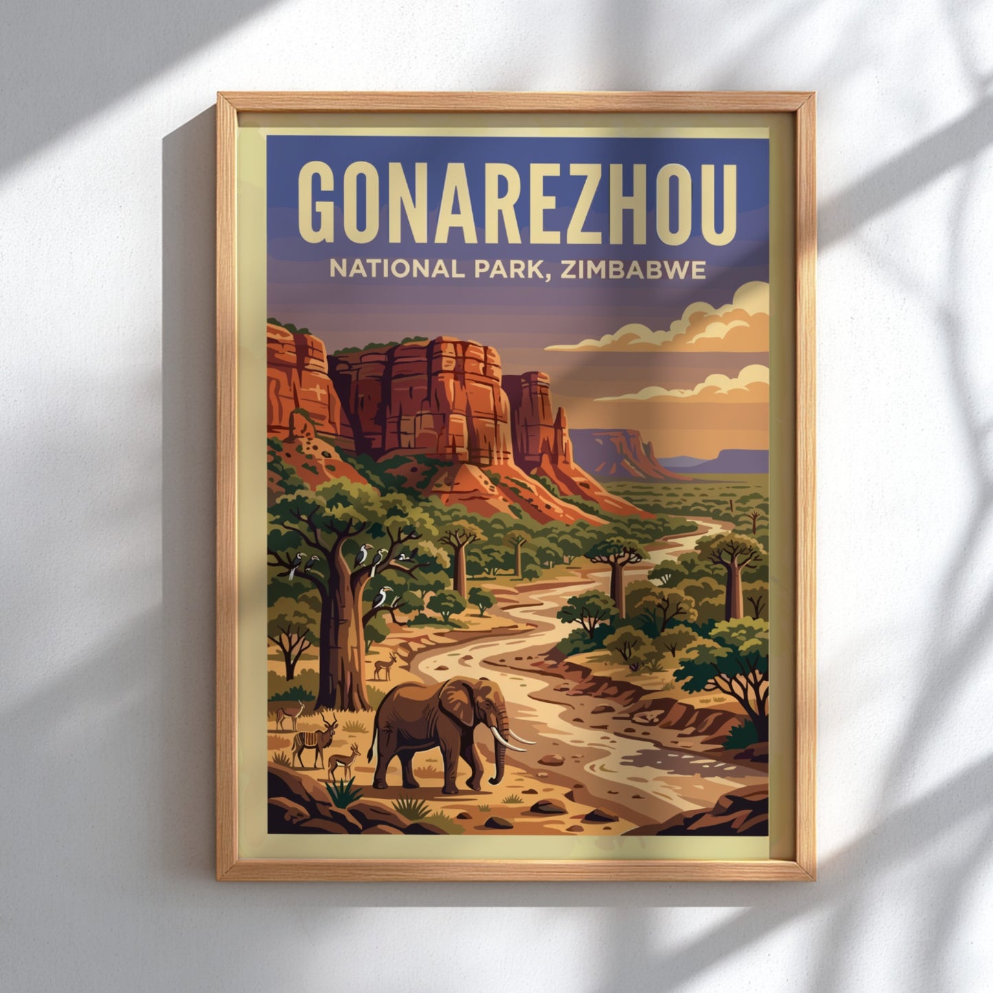 Gonarezhou National Park poster featuring an elephant, river, and vibrant landscape in warm tones