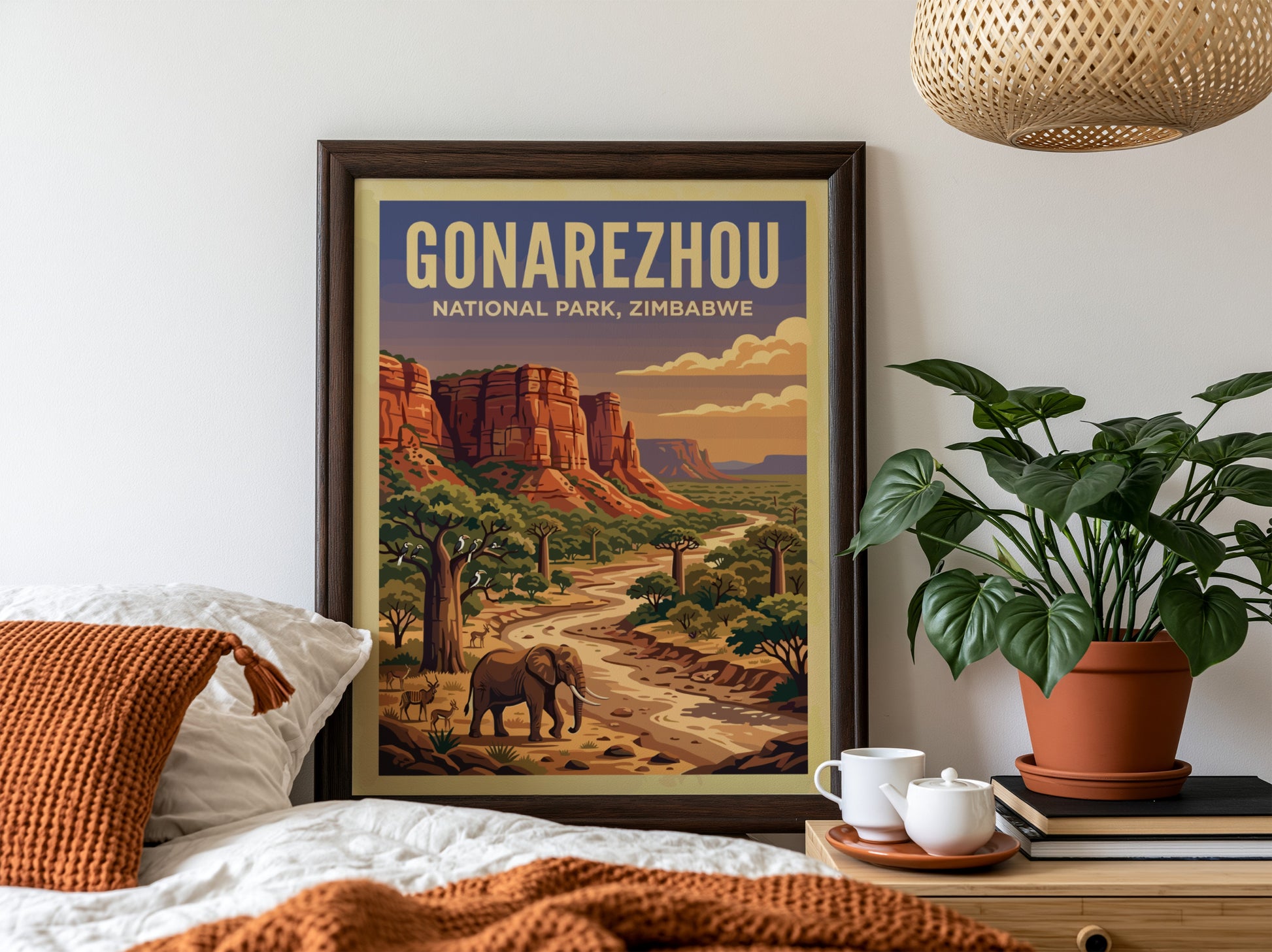 Gonarezhou National Park poster featuring an elephant, river, and vibrant landscape in warm tones