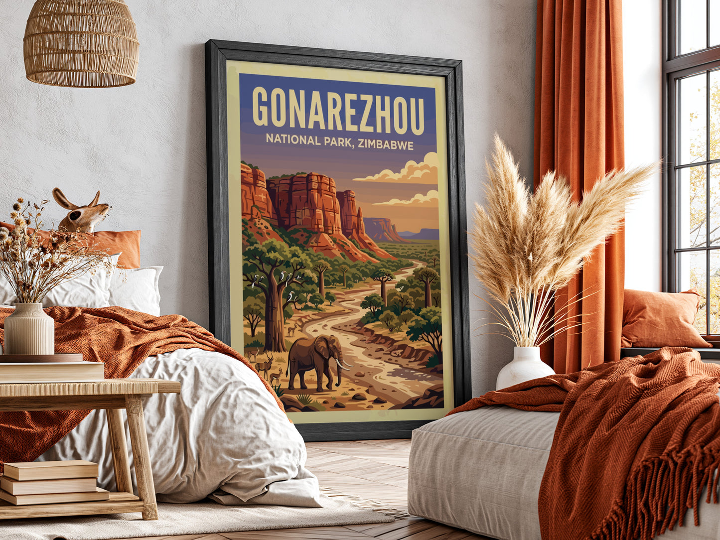 Gonarezhou National Park poster featuring an elephant, river, and vibrant landscape in warm tones