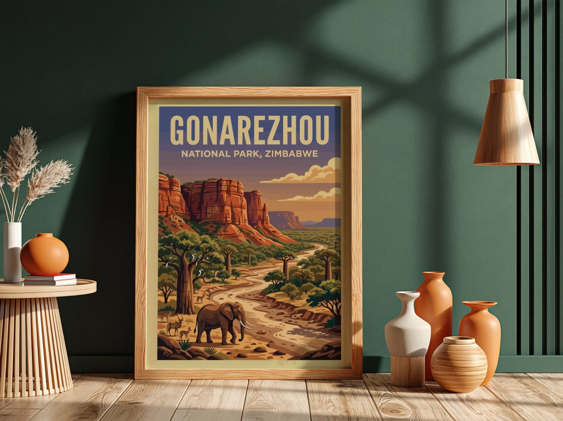 Gonarezhou National Park poster featuring an elephant, river, and vibrant landscape in warm tones