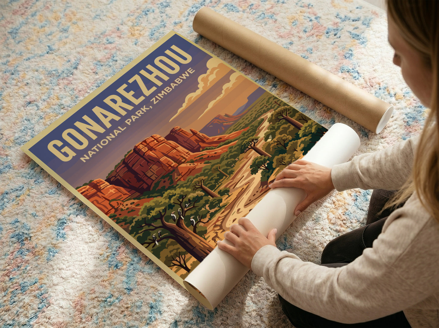 Gonarezhou National Park poster featuring an elephant, river, and vibrant landscape in warm tones
