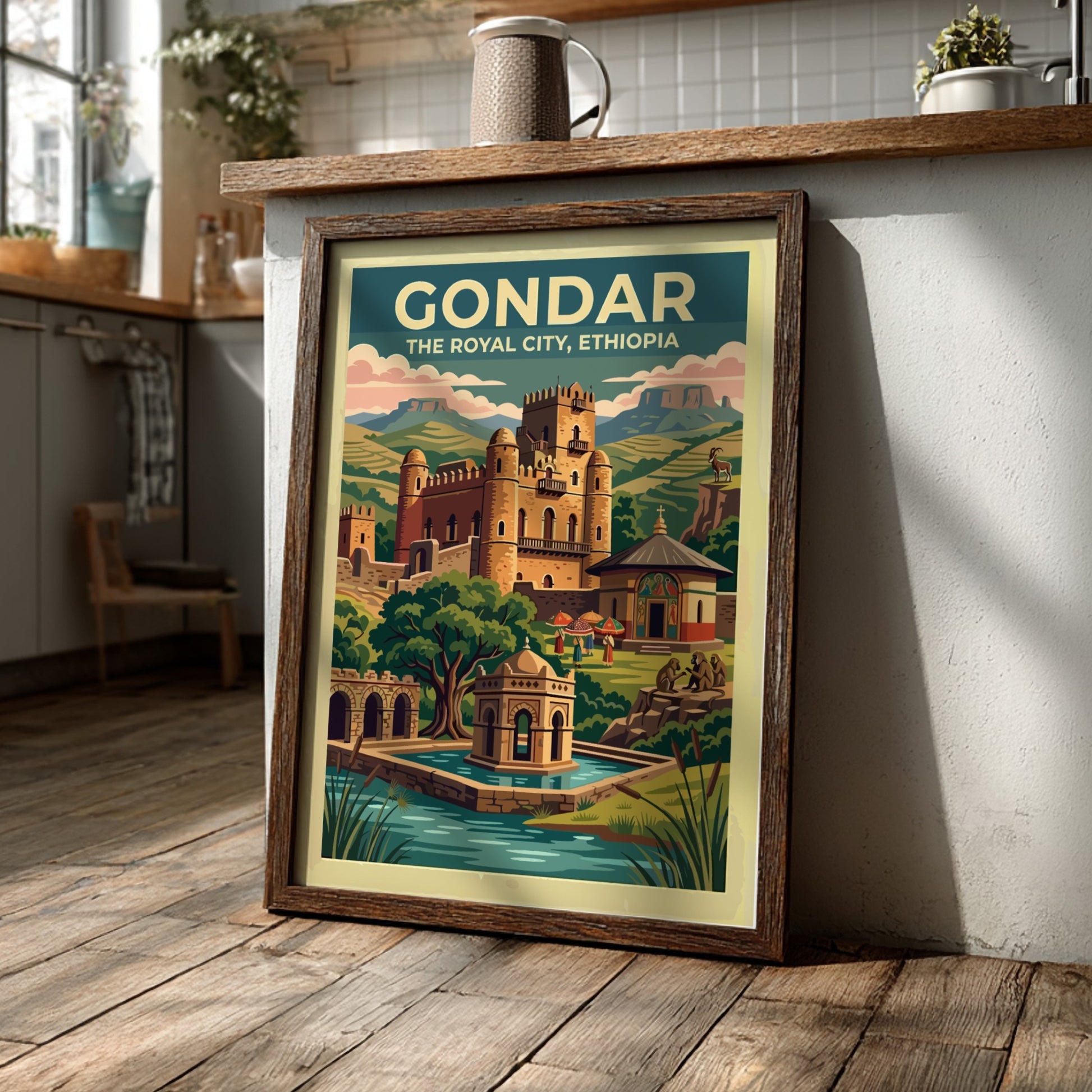 Travel poster of Gondar The Royal City Ethiopia featuring stone castles and mountains.