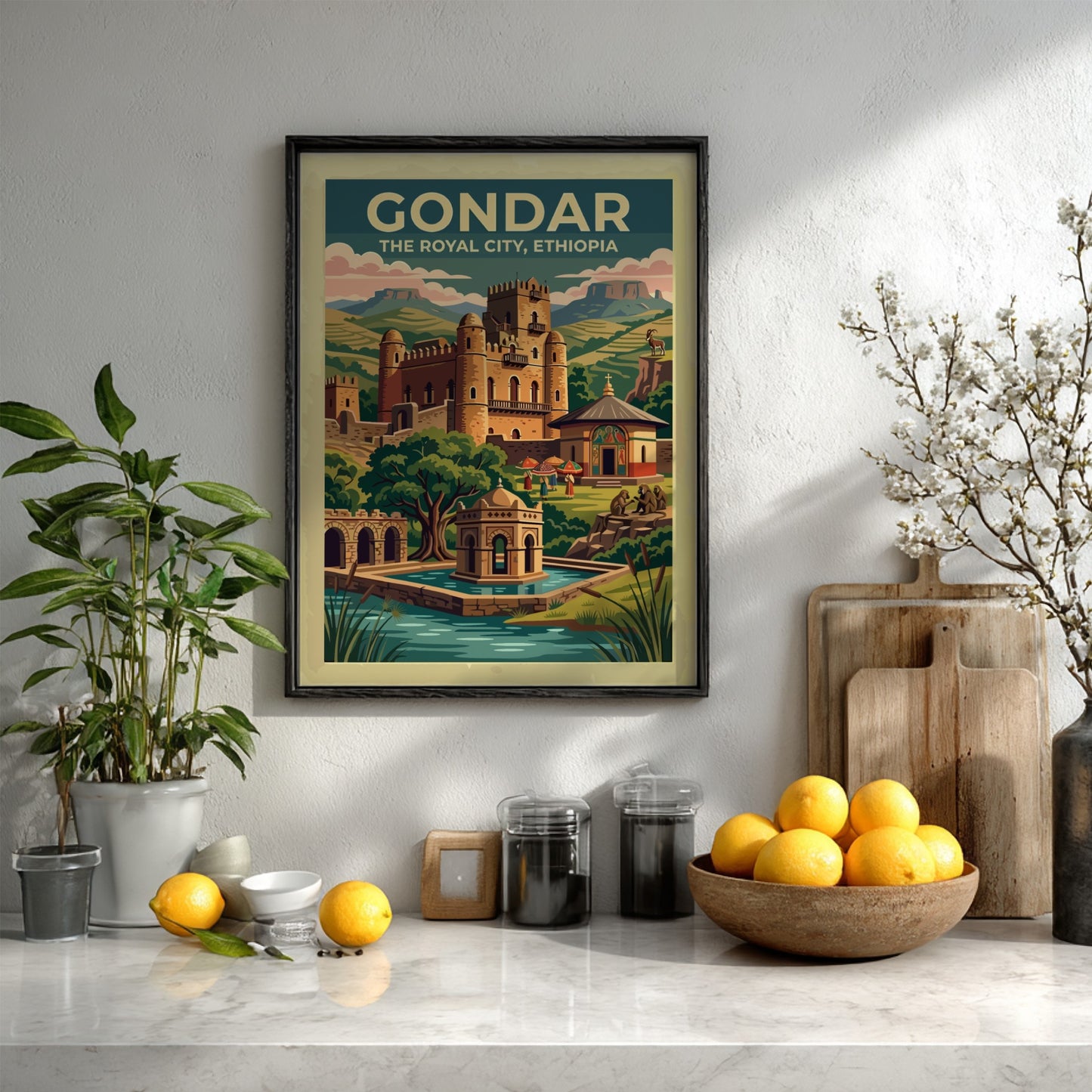 Travel poster of Gondar The Royal City Ethiopia featuring stone castles and mountains.