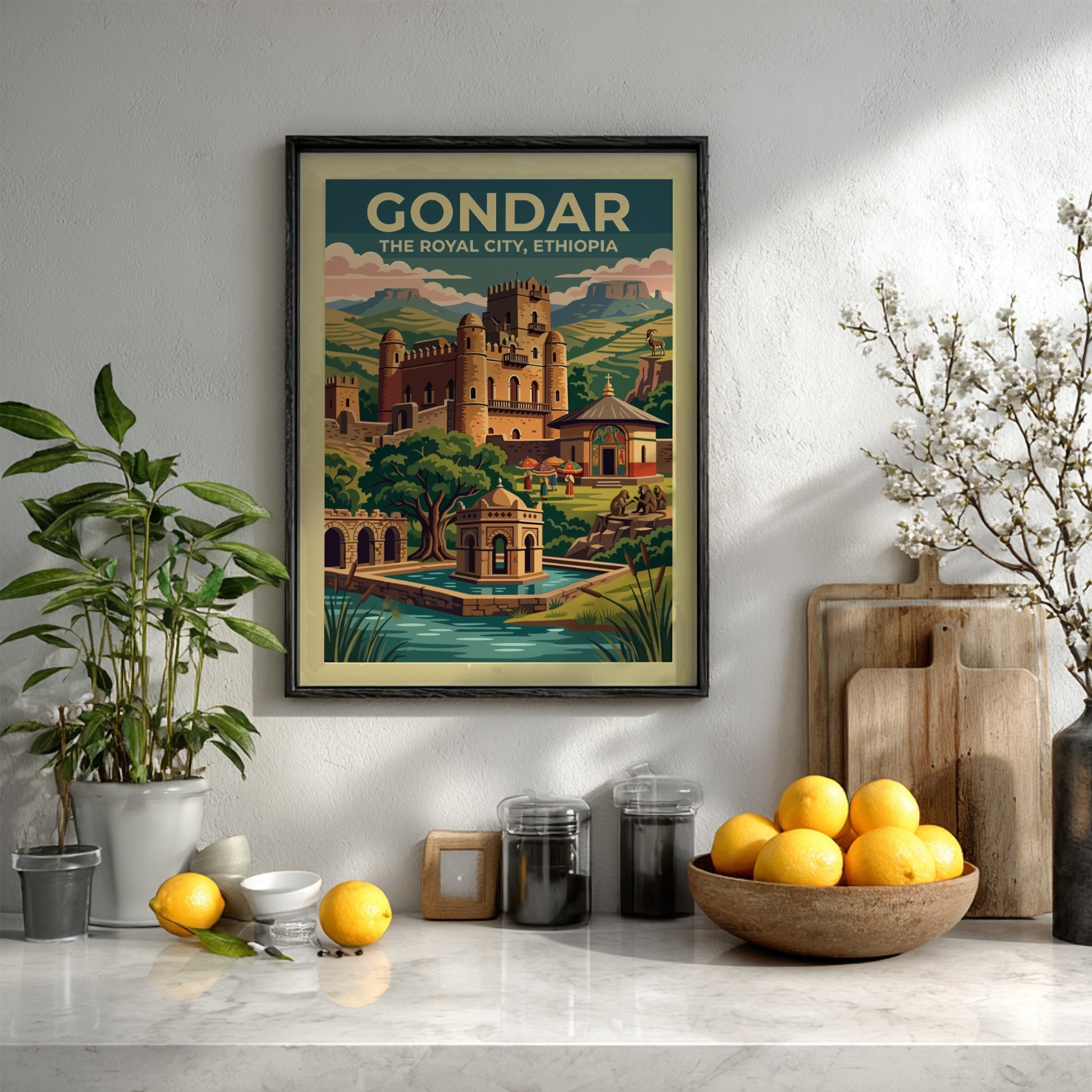 Travel poster of Gondar The Royal City Ethiopia featuring stone castles and mountains.