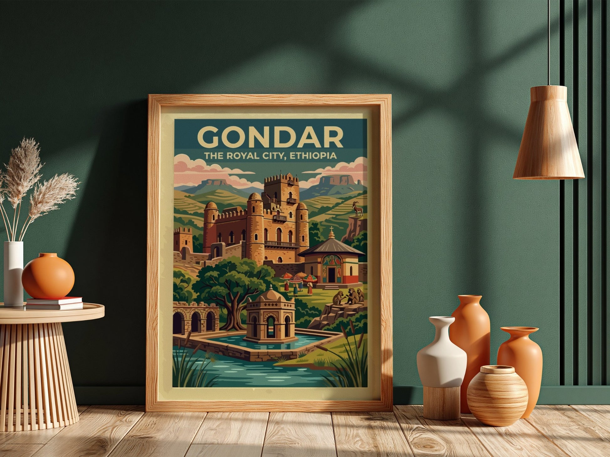 Travel poster of Gondar The Royal City Ethiopia featuring stone castles and mountains.