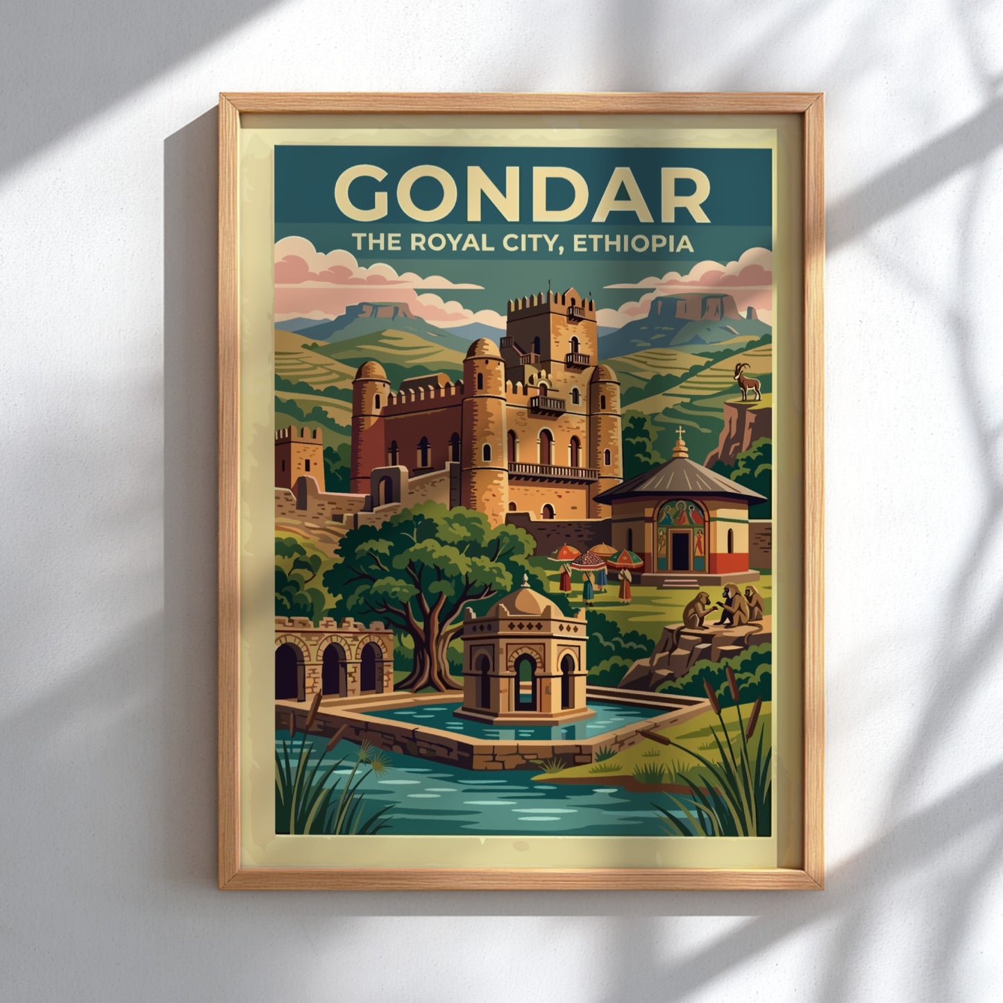 Travel poster of Gondar The Royal City Ethiopia featuring stone castles and mountains.