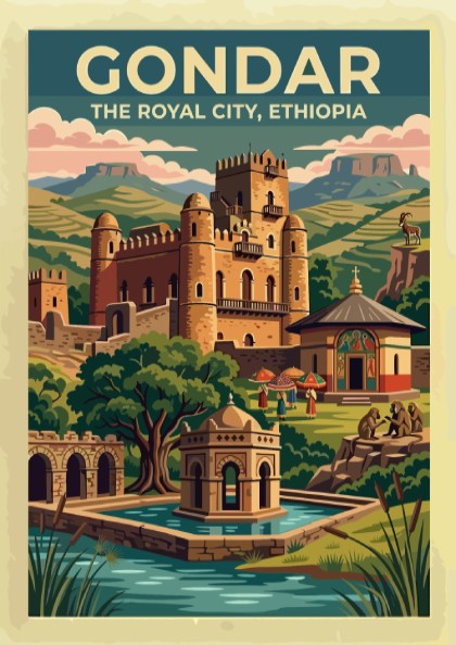 Travel poster of Gondar The Royal City Ethiopia featuring stone castles and mountains.