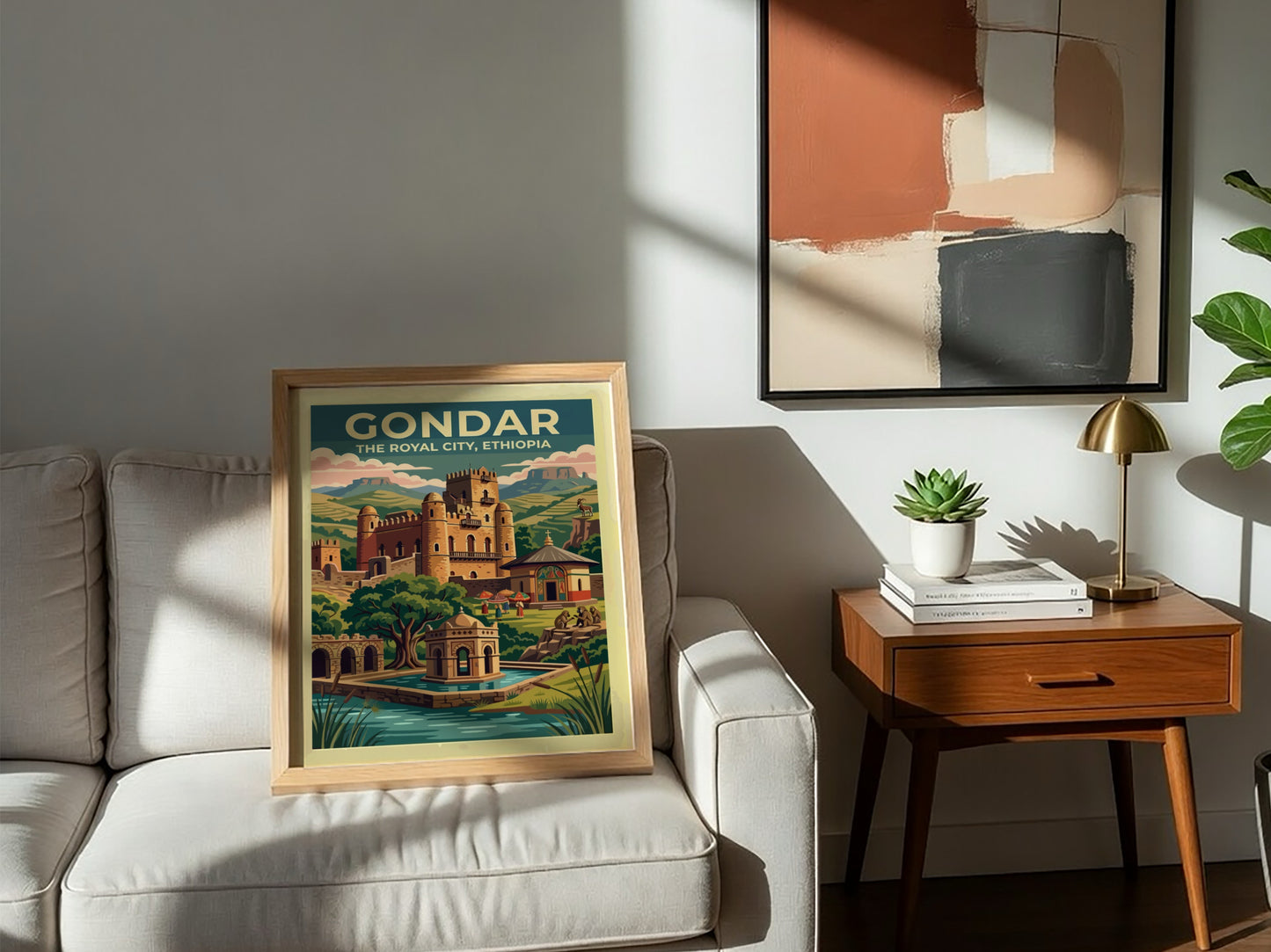Travel poster of Gondar The Royal City Ethiopia featuring stone castles and mountains.