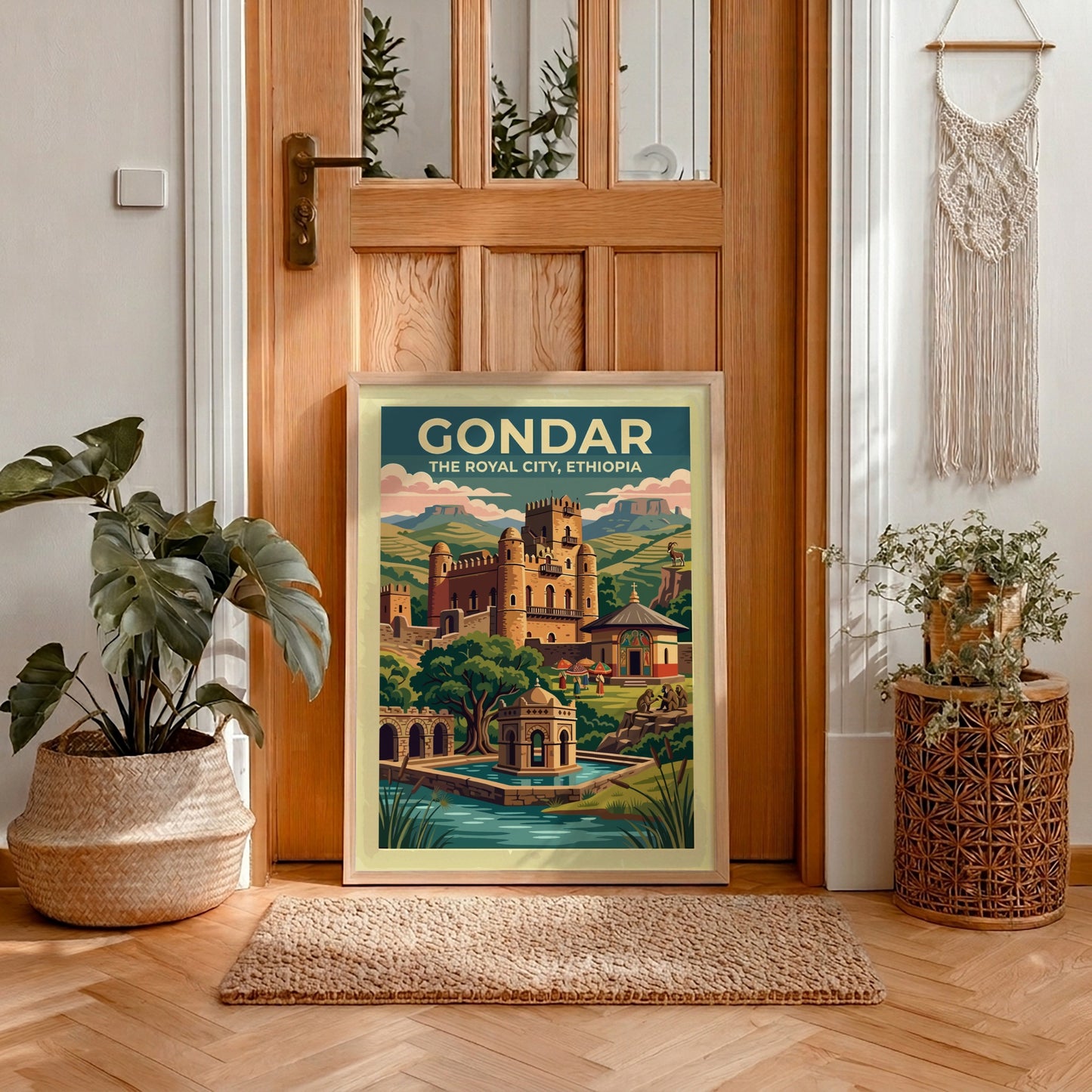 Travel poster of Gondar The Royal City Ethiopia featuring stone castles and mountains.
