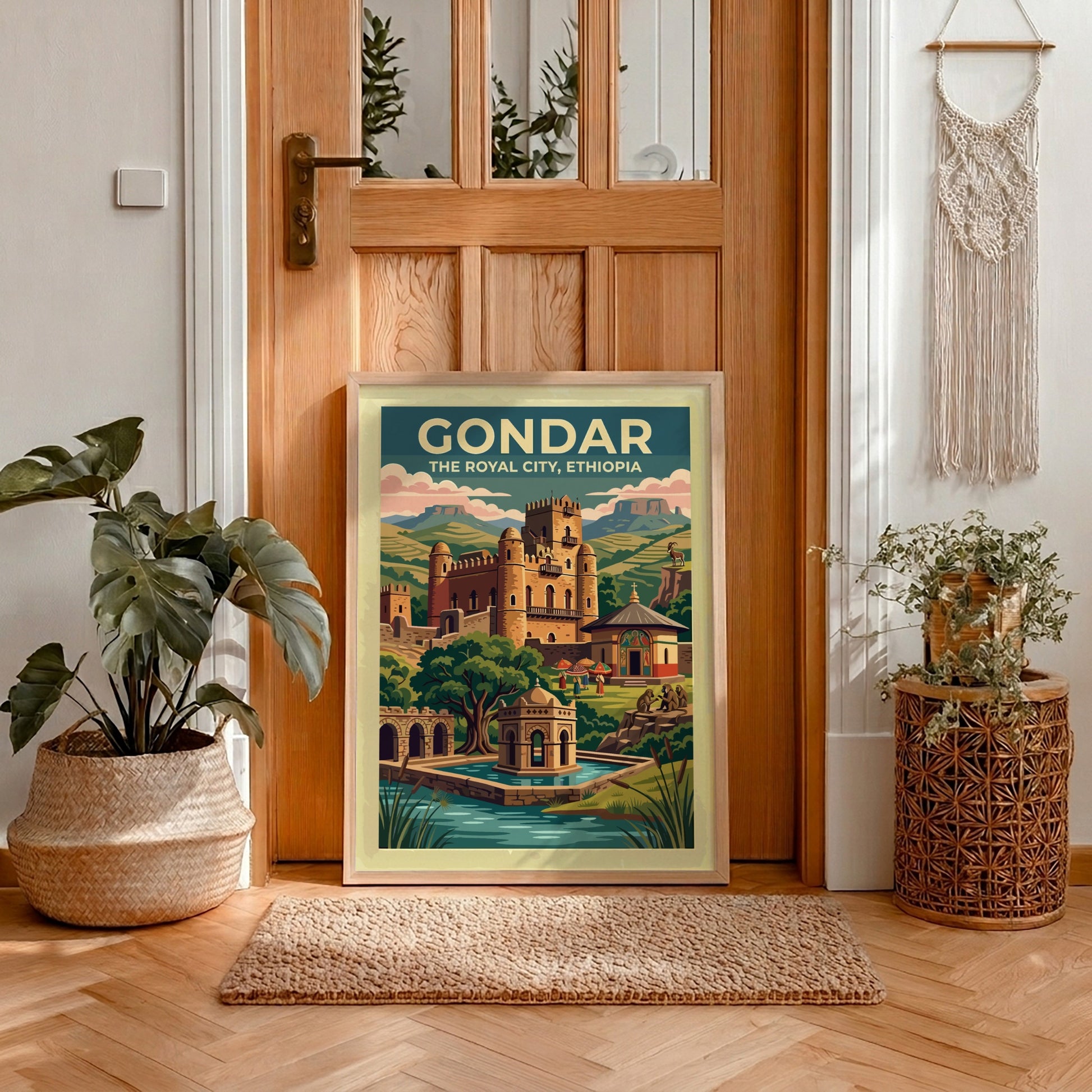 Travel poster of Gondar The Royal City Ethiopia featuring stone castles and mountains.