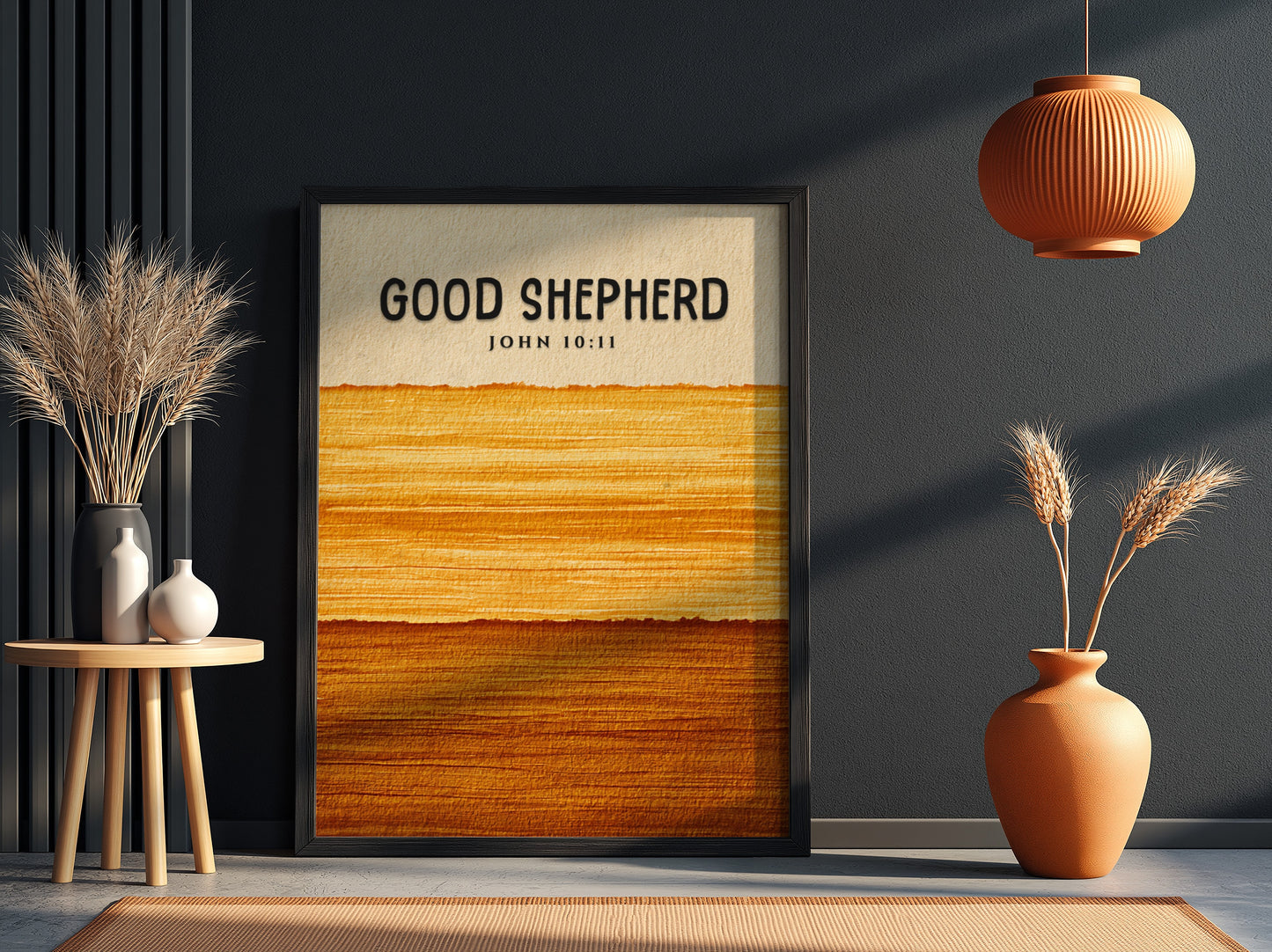 Good Shepherd poster featuring warm tones and John 10:11 verse, perfect for religious decor