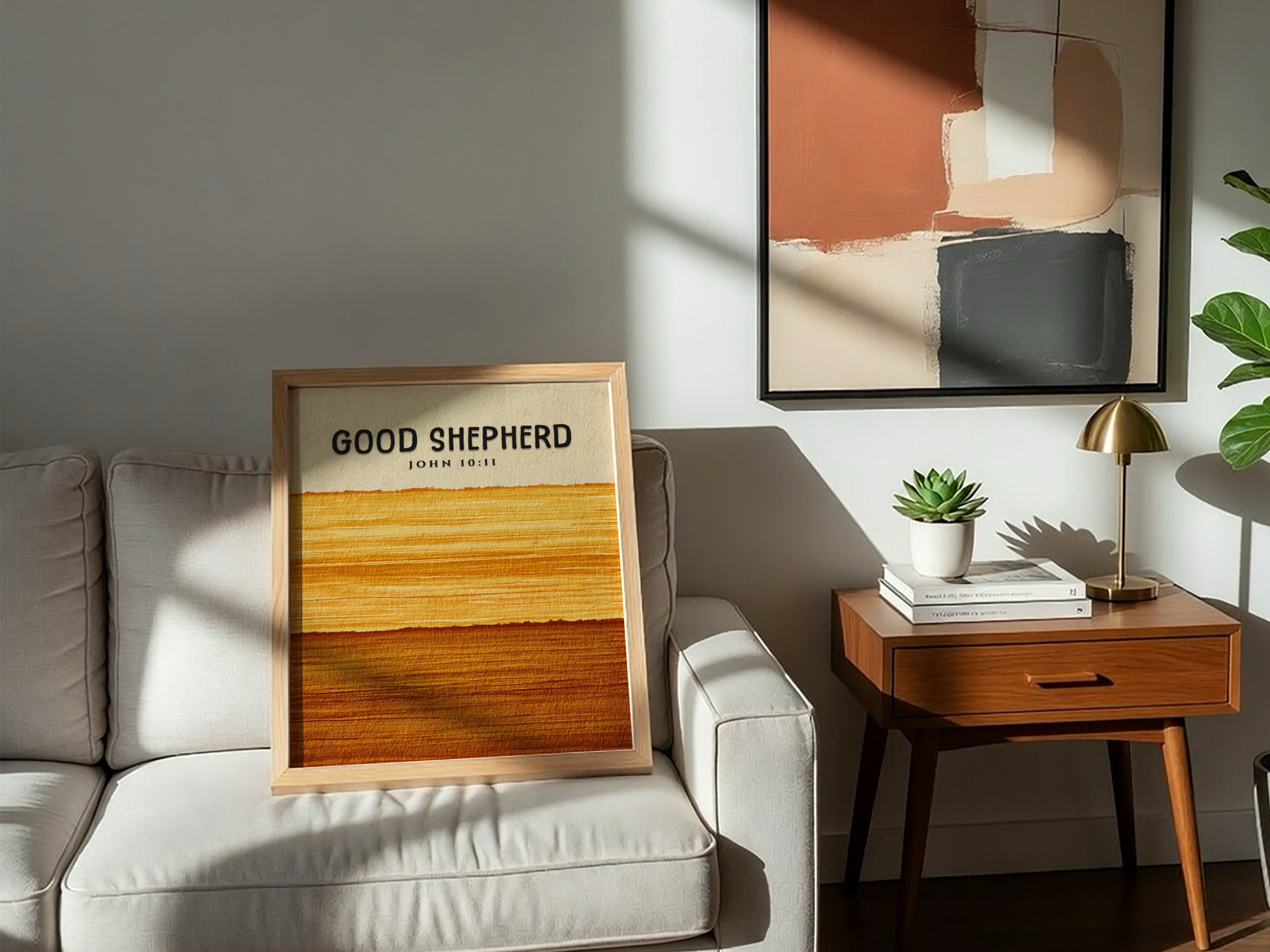 Good Shepherd poster featuring warm tones and John 10:11 verse, perfect for religious decor