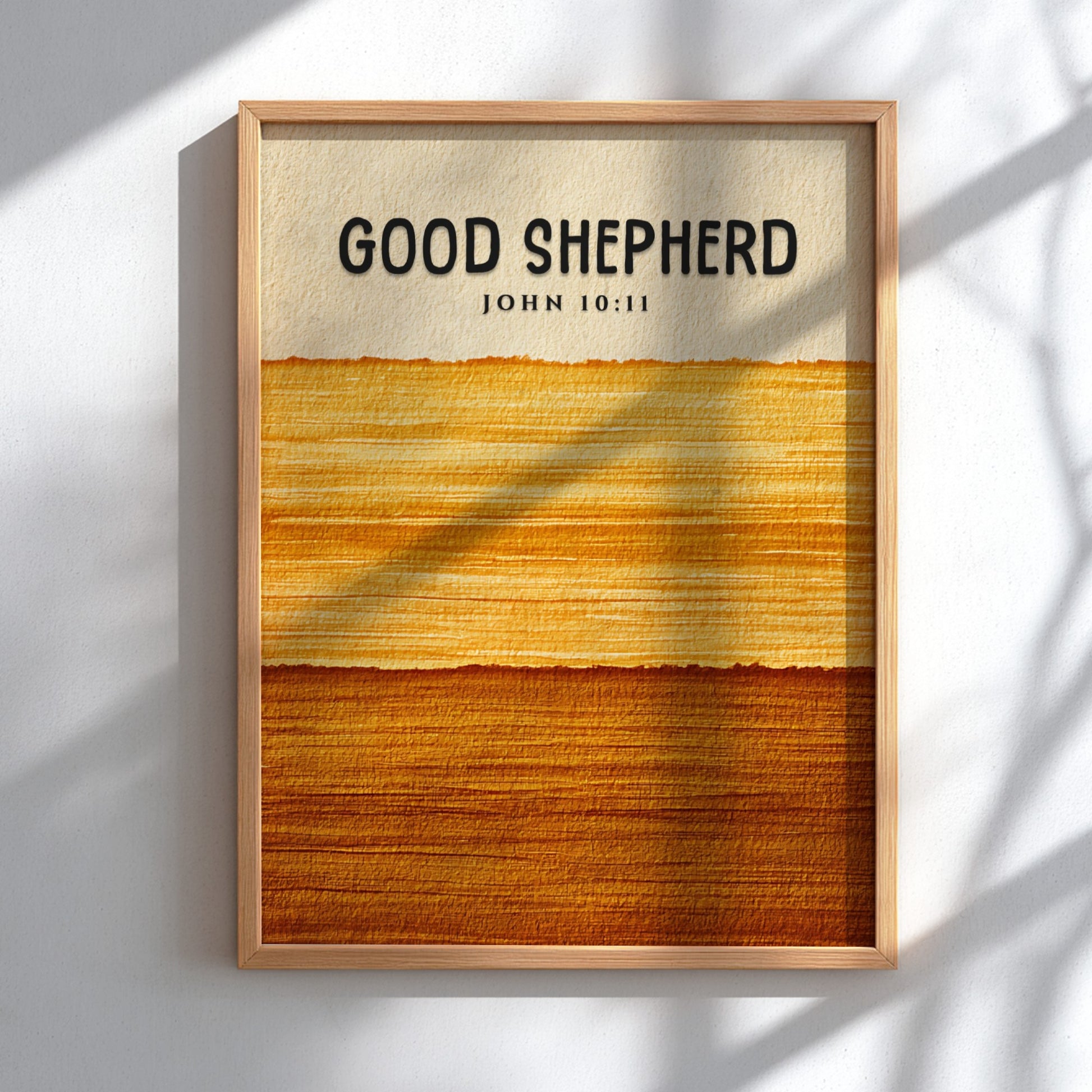 Good Shepherd poster featuring warm tones and John 10:11 verse, perfect for religious decor