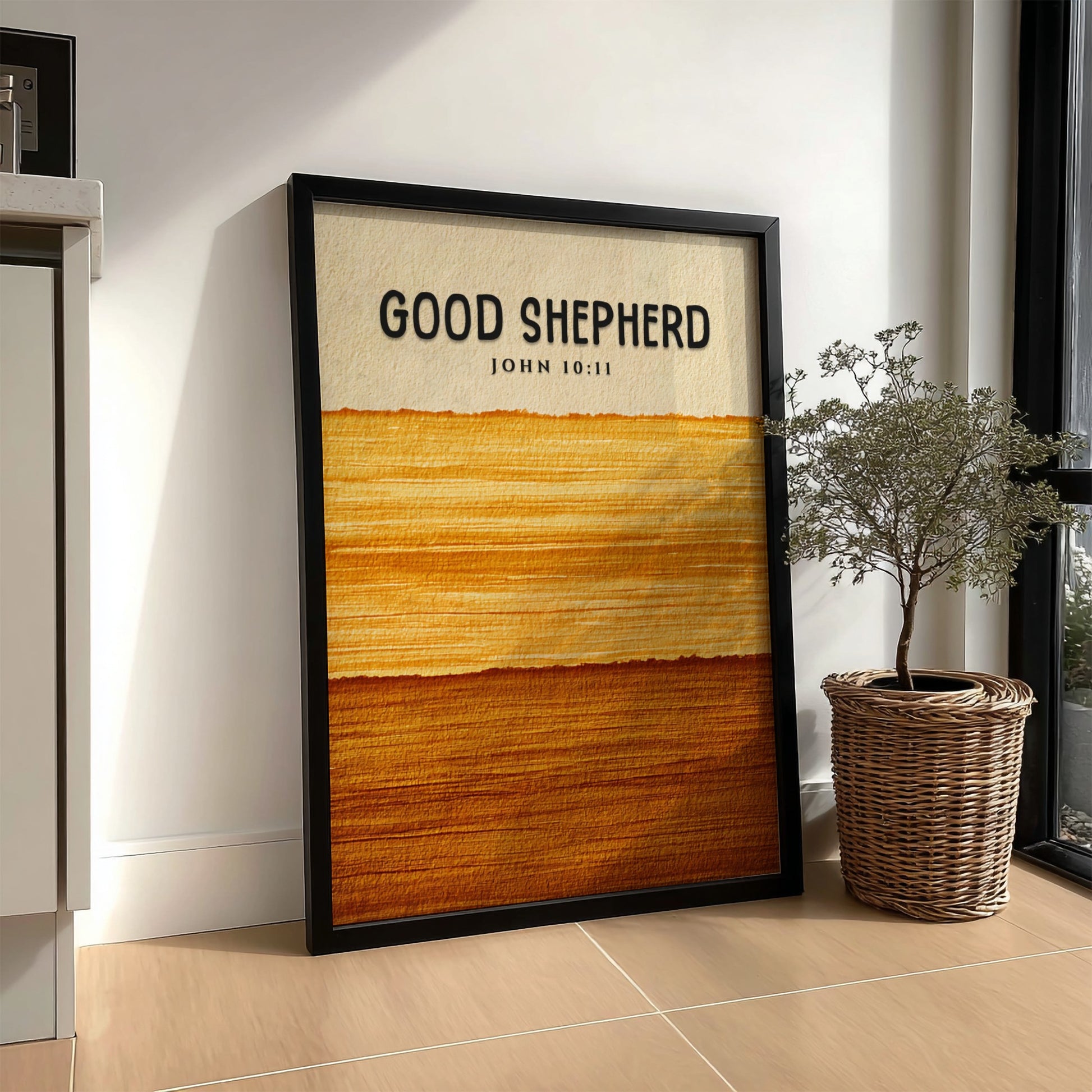 Good Shepherd poster featuring warm tones and John 10:11 verse, perfect for religious decor