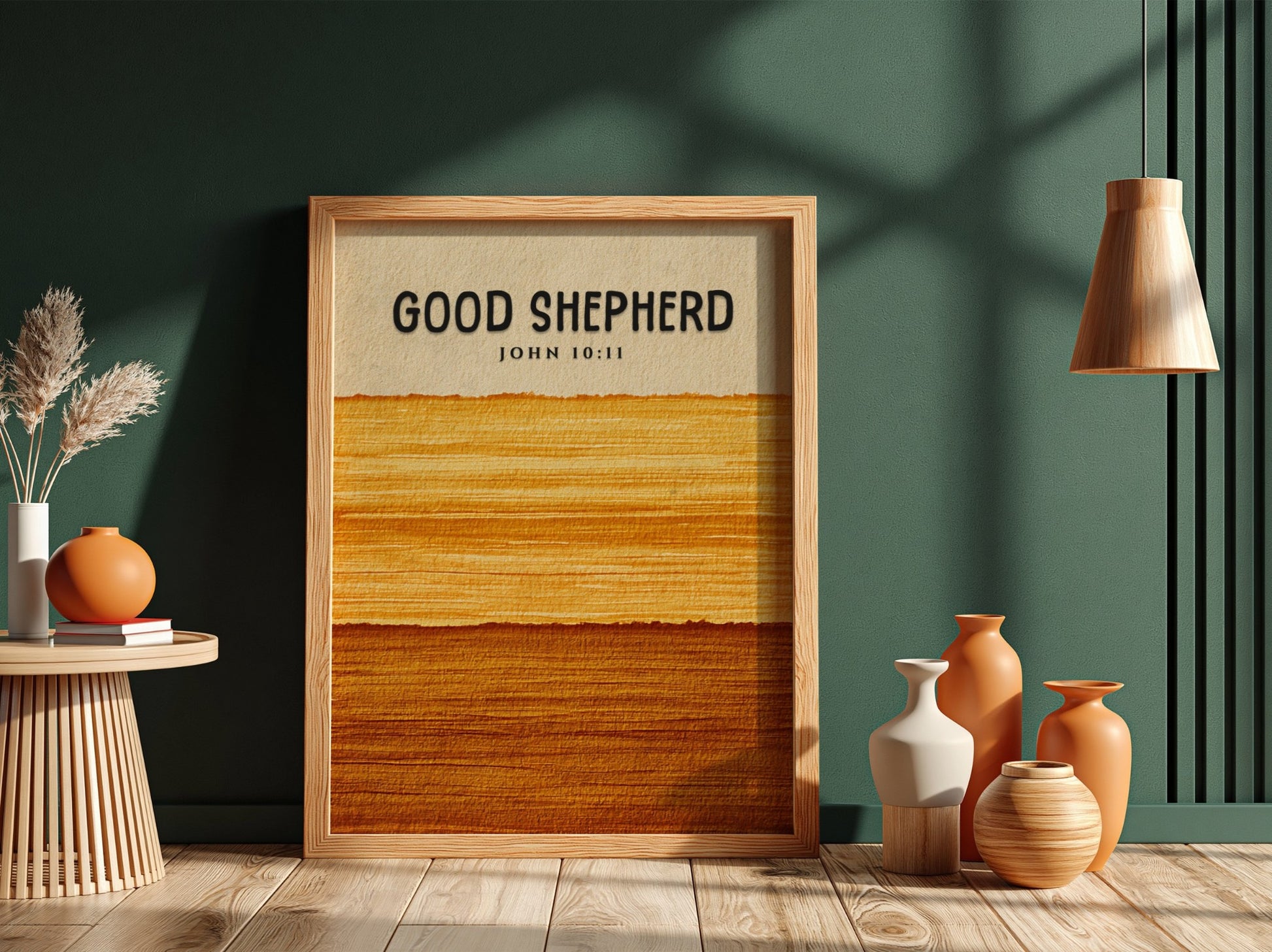 Good Shepherd poster featuring warm tones and John 10:11 verse, perfect for religious decor