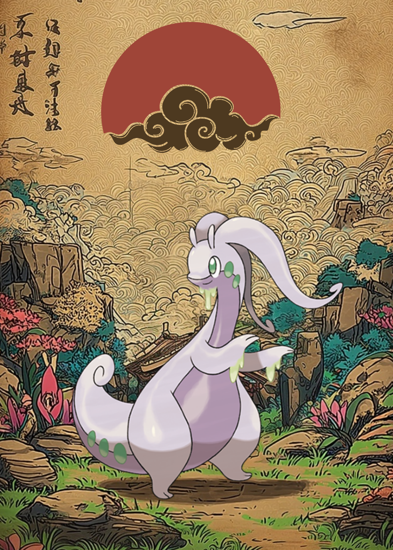 Goodra Pokemon  character standing in a scenic landscape with a red sun and clouds.
