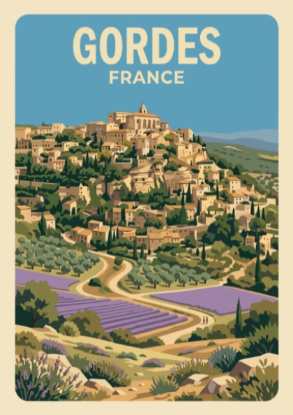 Poster of Gordes France featuring a hilltop village above lavender fields and trees.