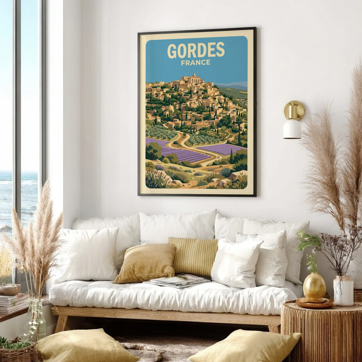 Poster of Gordes France featuring a hilltop village above lavender fields and trees.