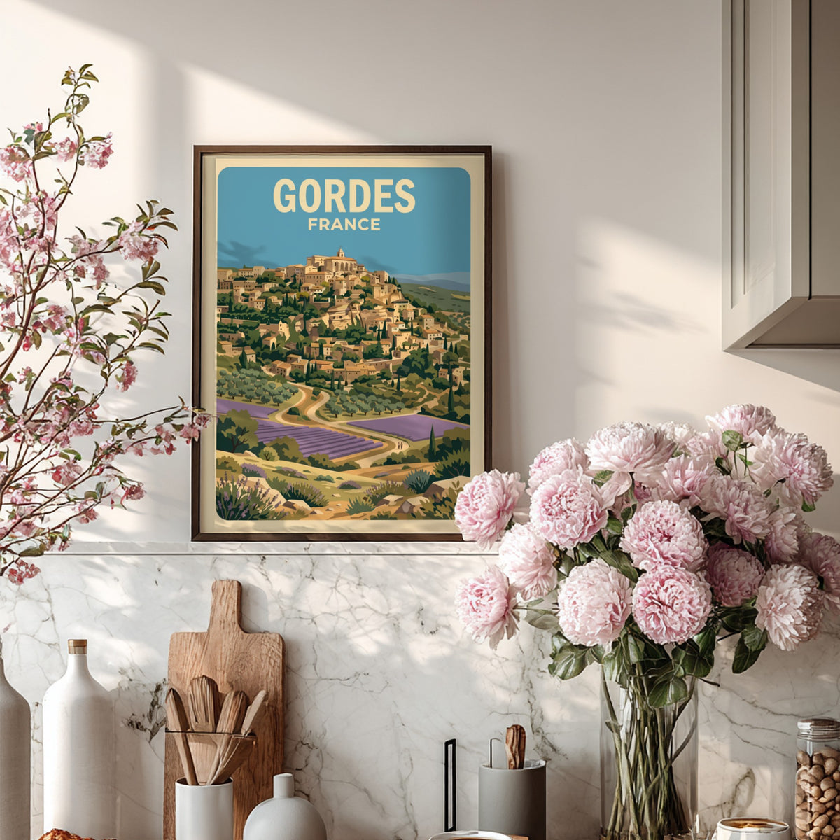 Poster of Gordes France featuring a hilltop village above lavender fields and trees.