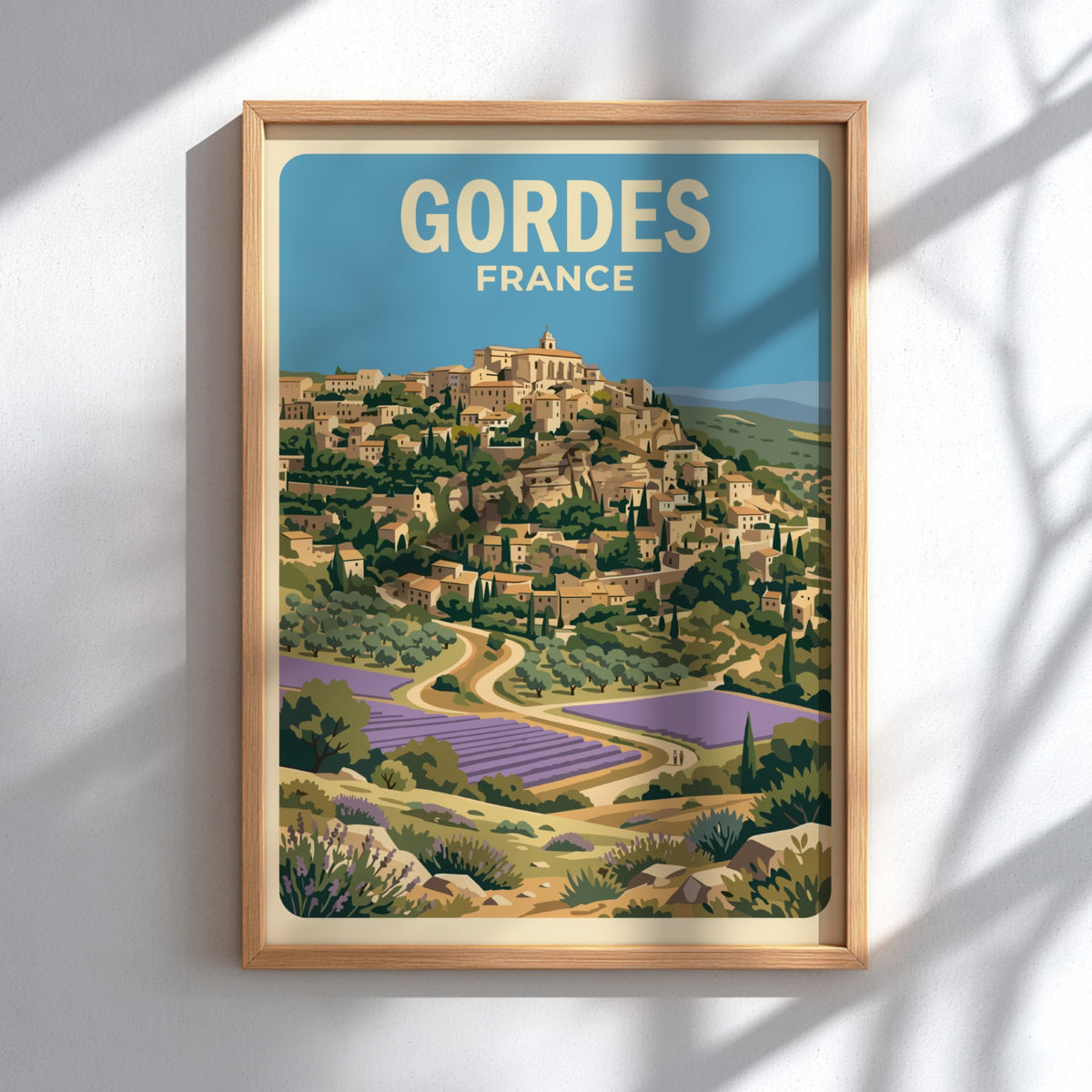 Poster of Gordes France featuring a hilltop village above lavender fields and trees.