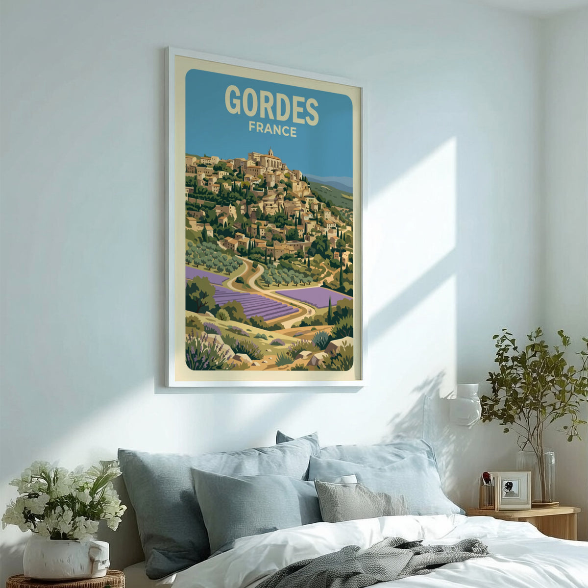 Poster of Gordes France featuring a hilltop village above lavender fields and trees.