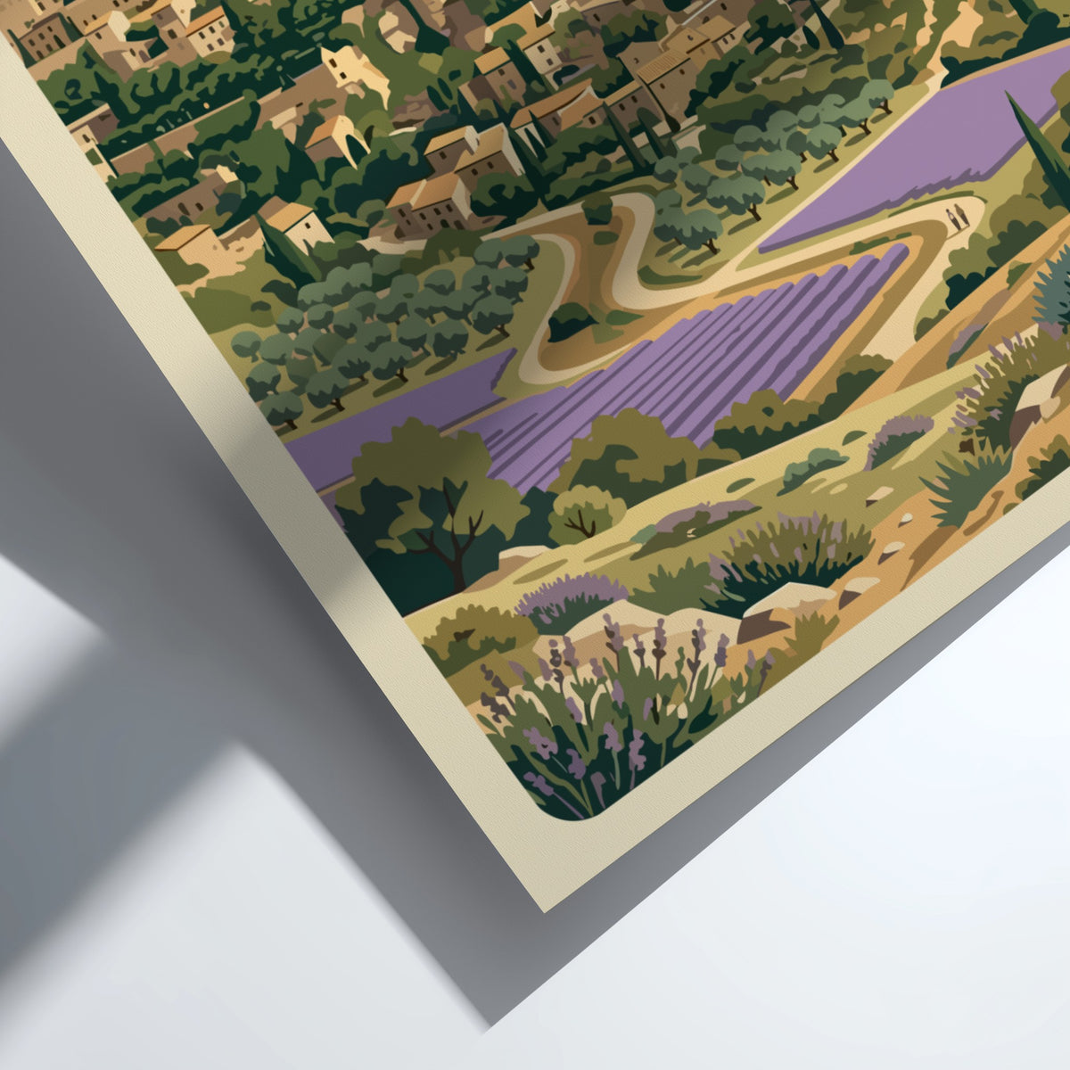 Poster of Gordes France featuring a hilltop village above lavender fields and trees.