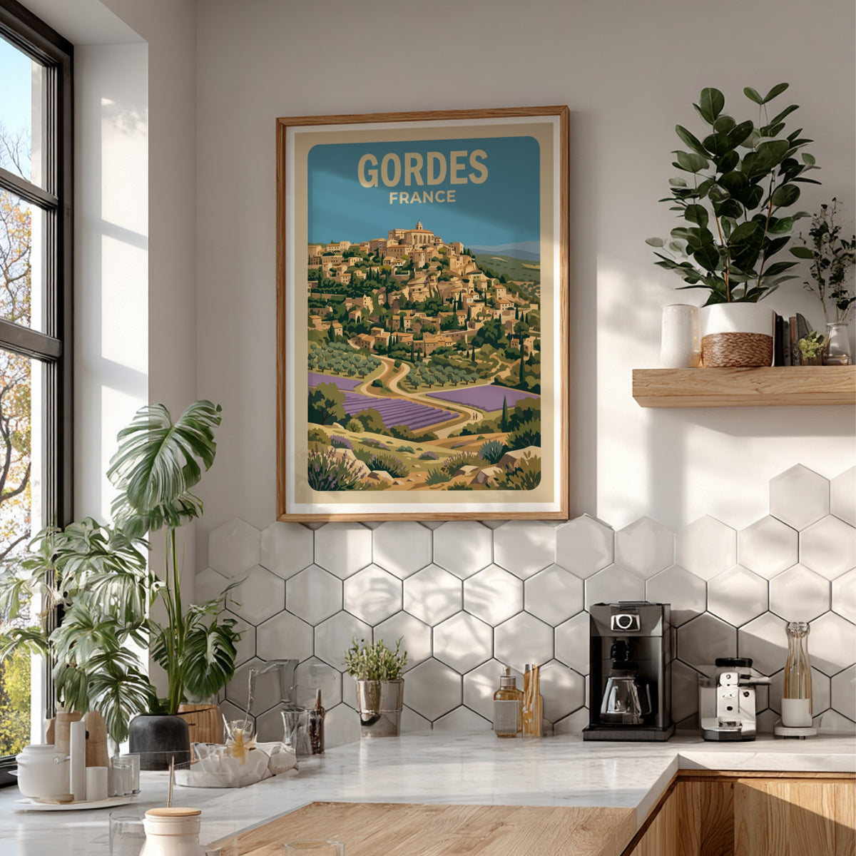 Poster of Gordes France featuring a hilltop village above lavender fields and trees.