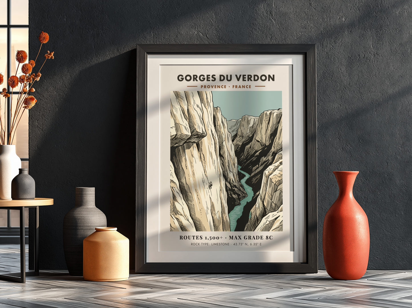 Poster of Gorges Du Verdon featuring a lone climber on limestone cliffs above water.