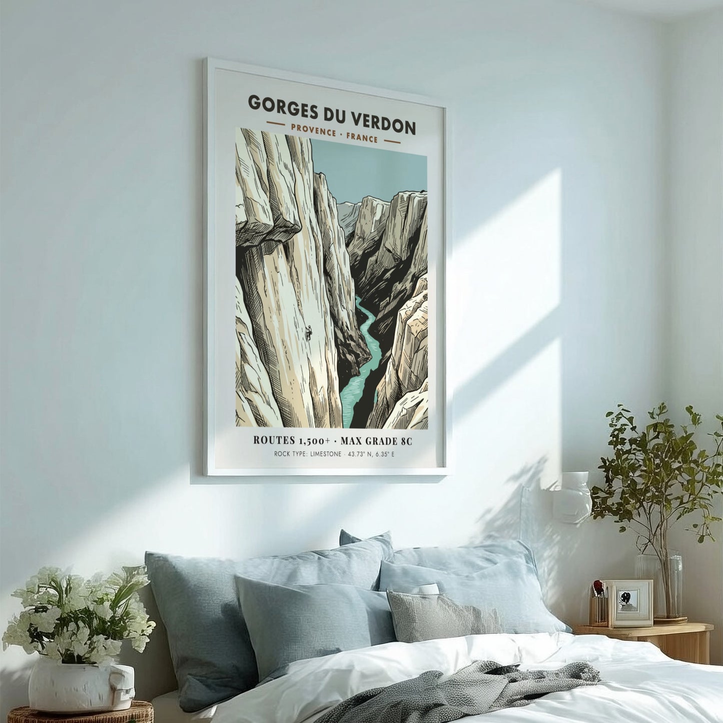 Poster of Gorges Du Verdon featuring a lone climber on limestone cliffs above water.