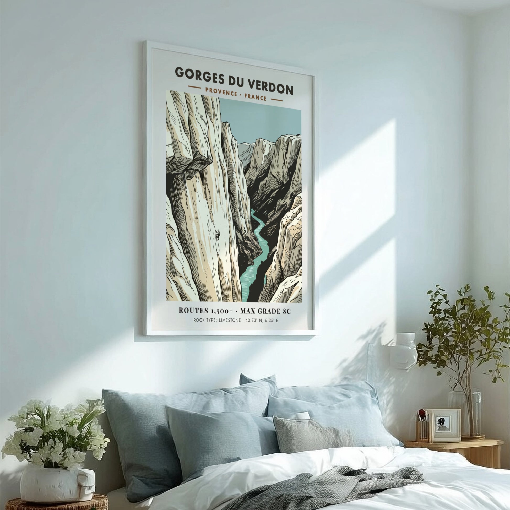Poster of Gorges Du Verdon featuring a lone climber on limestone cliffs above water.