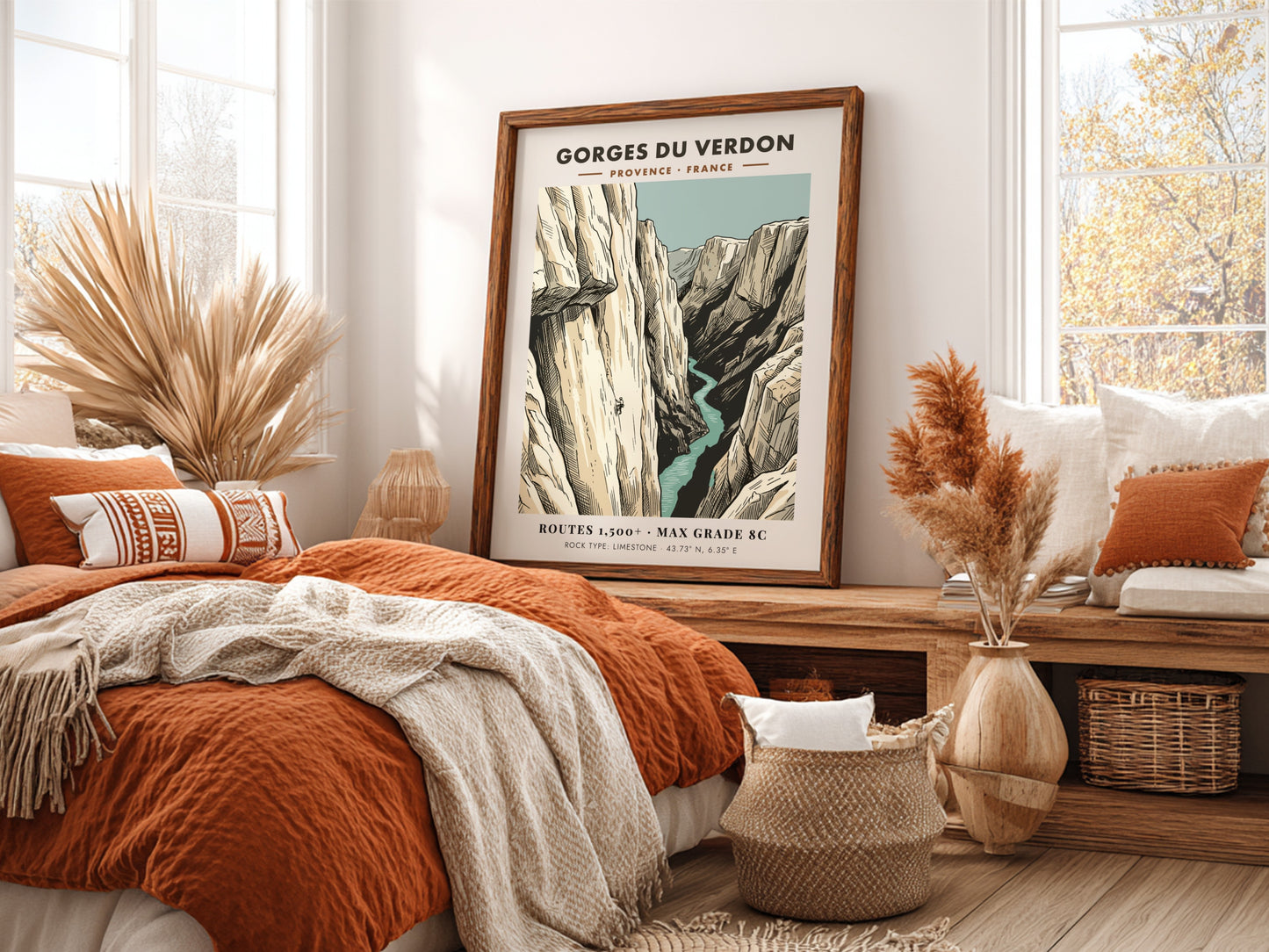 Poster of Gorges Du Verdon featuring a lone climber on limestone cliffs above water.