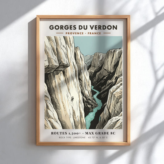 Poster of Gorges Du Verdon featuring a lone climber on limestone cliffs above water.