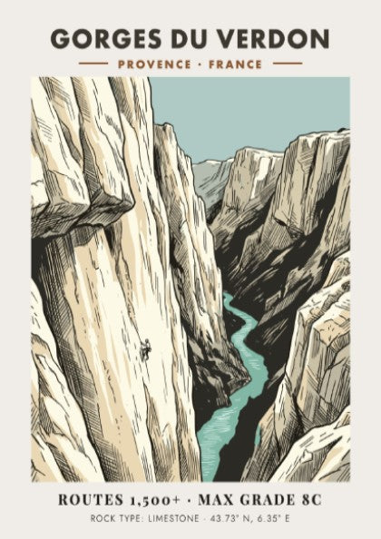 Poster of Gorges Du Verdon featuring a lone climber on limestone cliffs above water.