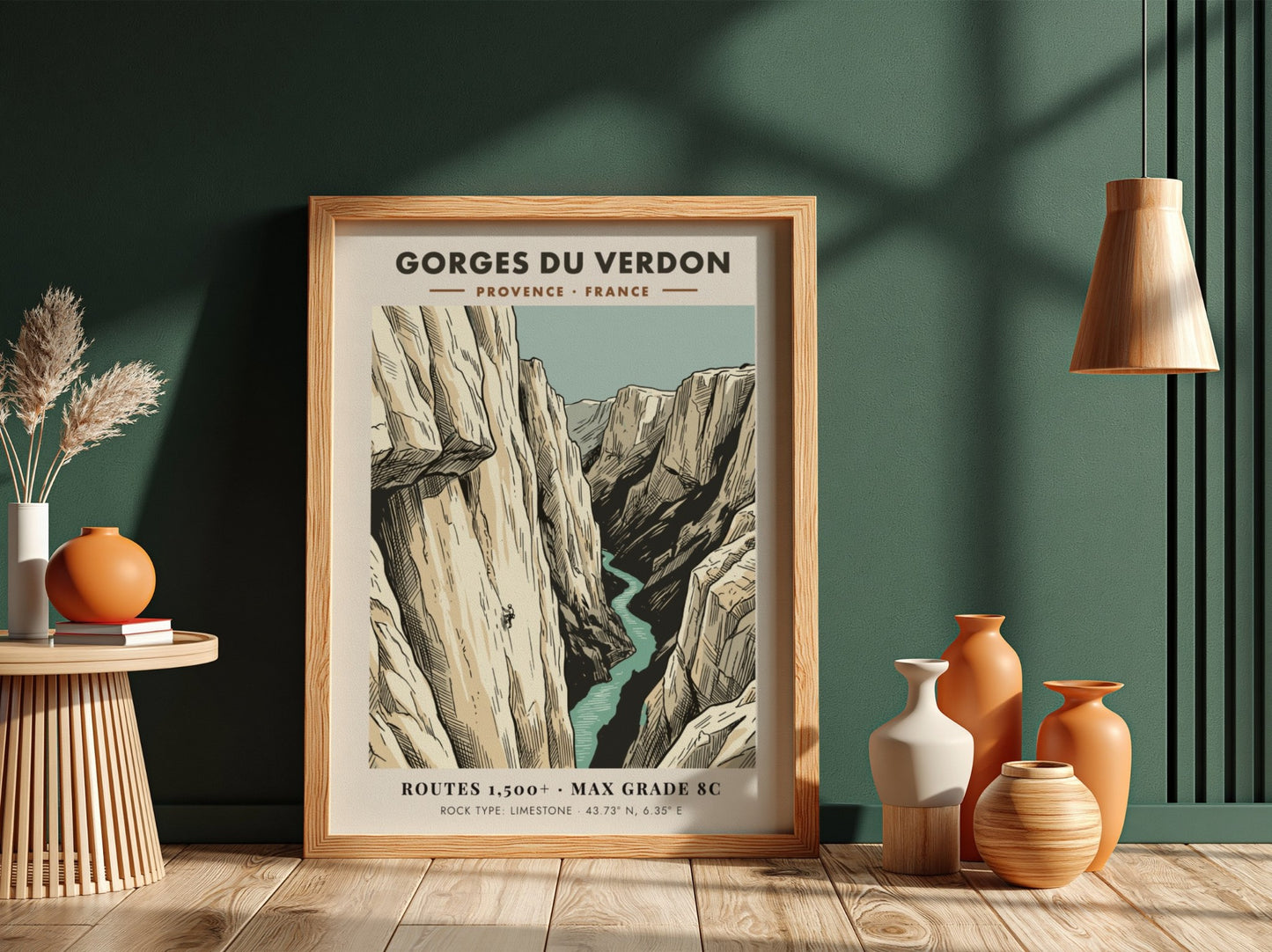 Poster of Gorges Du Verdon featuring a lone climber on limestone cliffs above water.