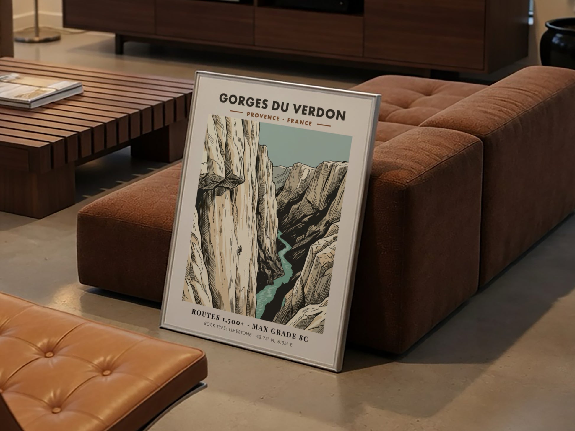 Poster of Gorges Du Verdon featuring a lone climber on limestone cliffs above water.