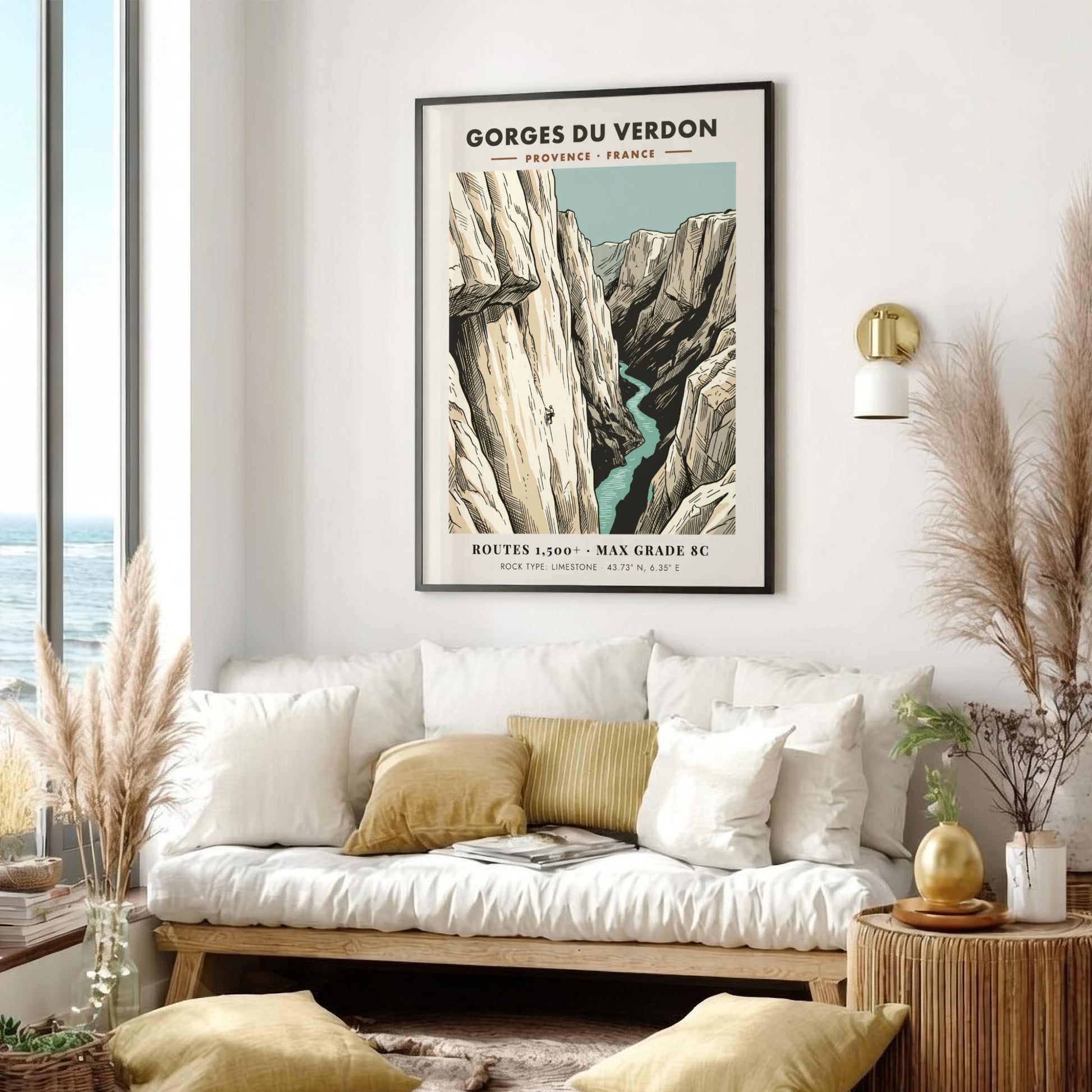 Poster of Gorges Du Verdon featuring a lone climber on limestone cliffs above water.