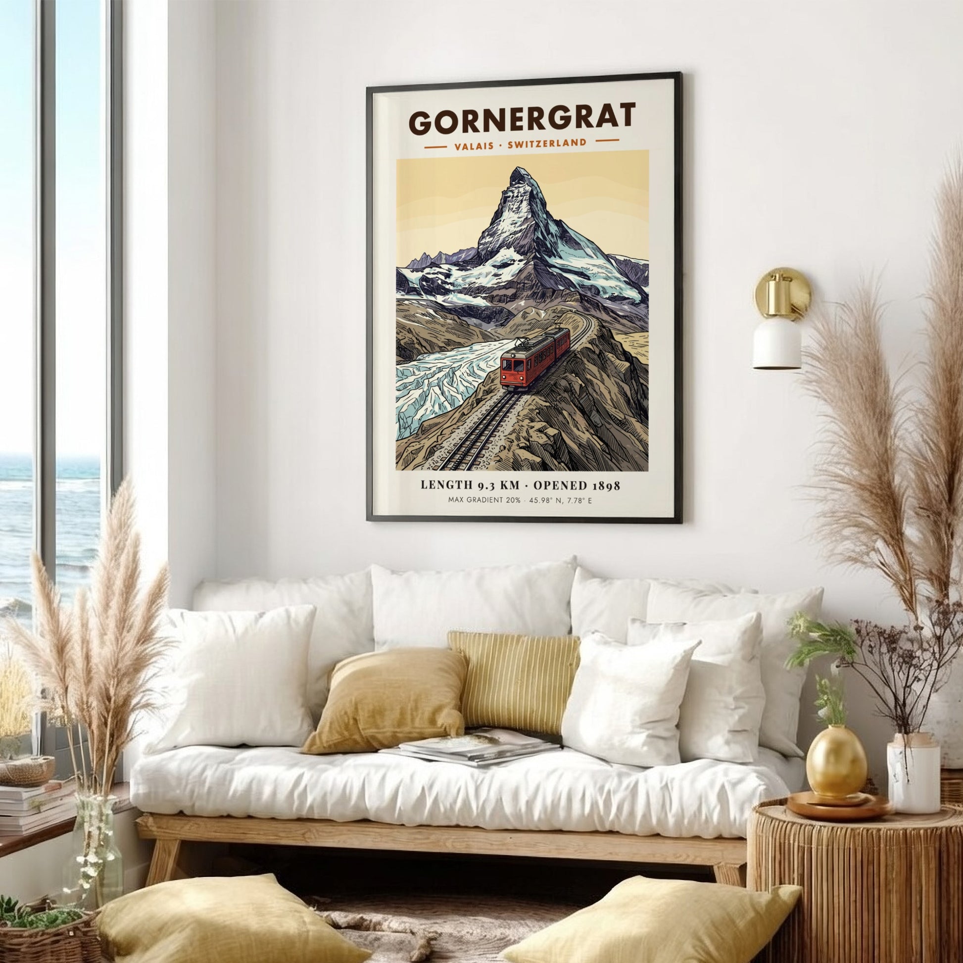 Poster of a red train climbing the Gornergrat mountain towards the snowy Matterhorn peak.