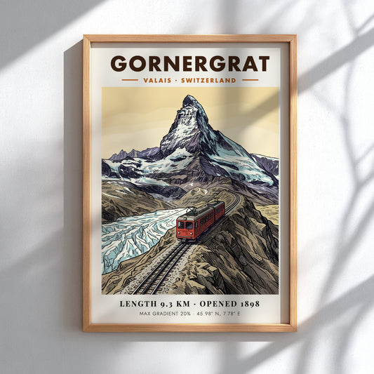 Poster of a red train climbing the Gornergrat mountain towards the snowy Matterhorn peak.