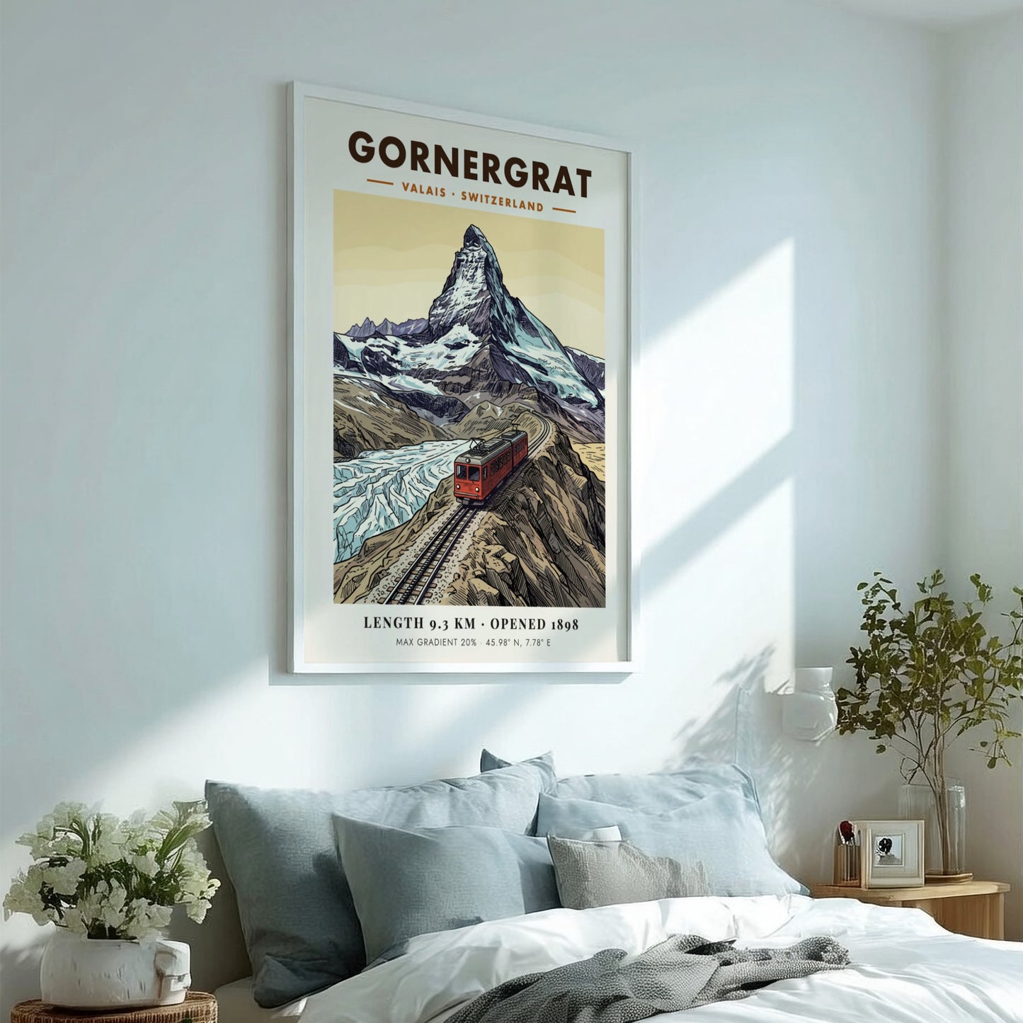 Poster of a red train climbing the Gornergrat mountain towards the snowy Matterhorn peak.